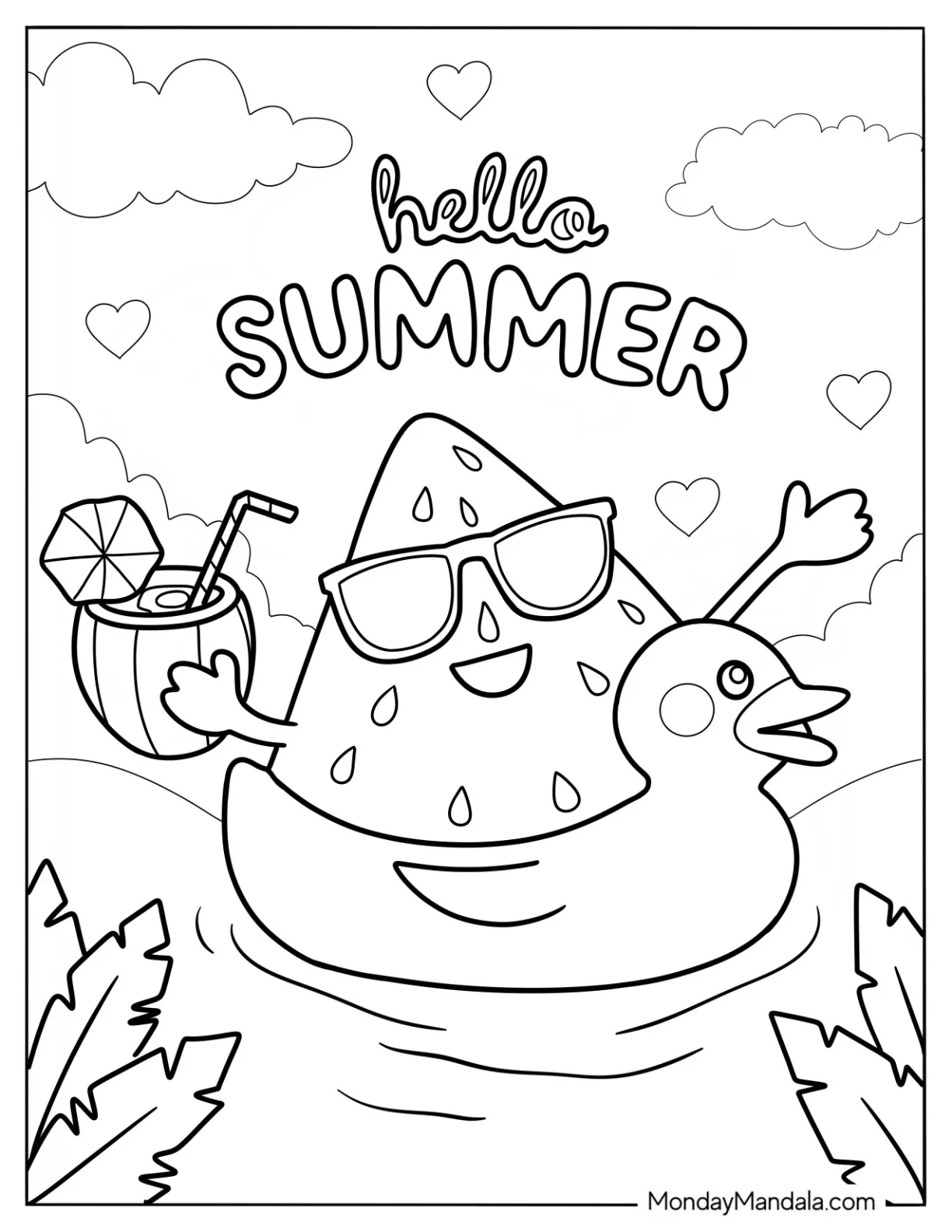 Summer Coloring Page Of Happy Watermelon On A Floatie With A Coconut Drink coloring page