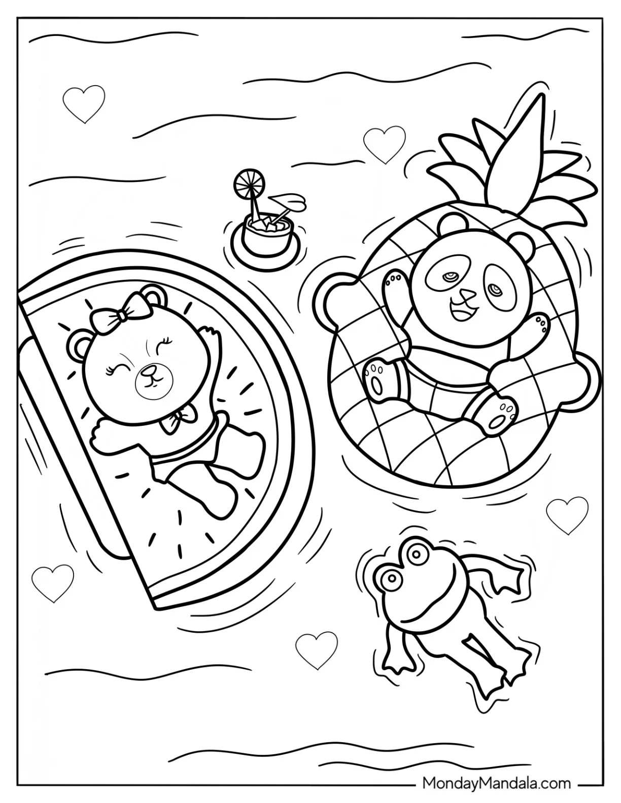 Summer Coloring Page Of Kawaii Bear, Panda, And Frog Floating In The Pool coloring page