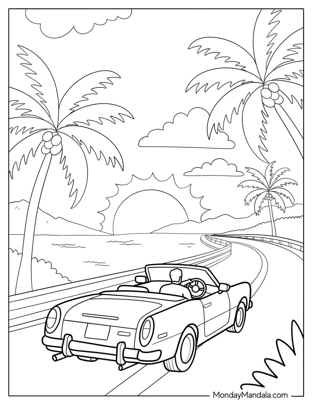 Summer Coloring Page of Road Trip in a Convertible by the Ocean at Sunset coloring page
