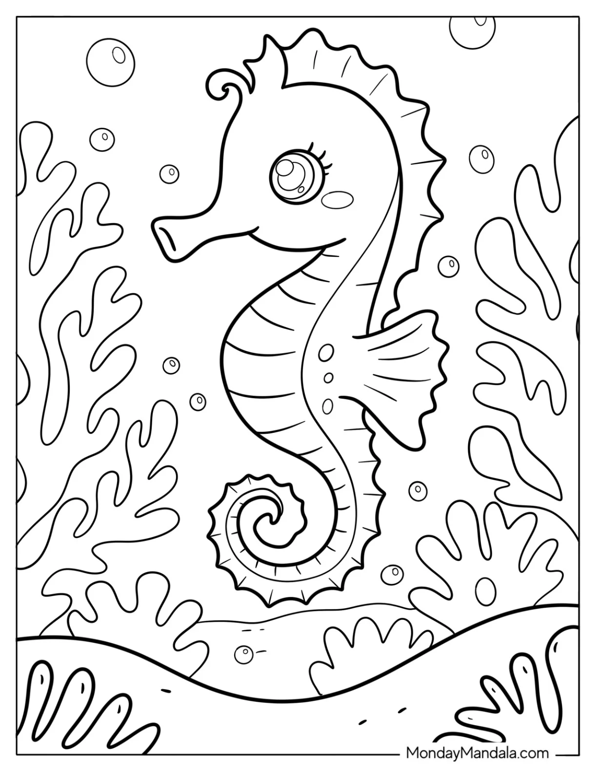 Summer Coloring Page of Seahorse Surrounded by Coral and Bubbles for Kids coloring page