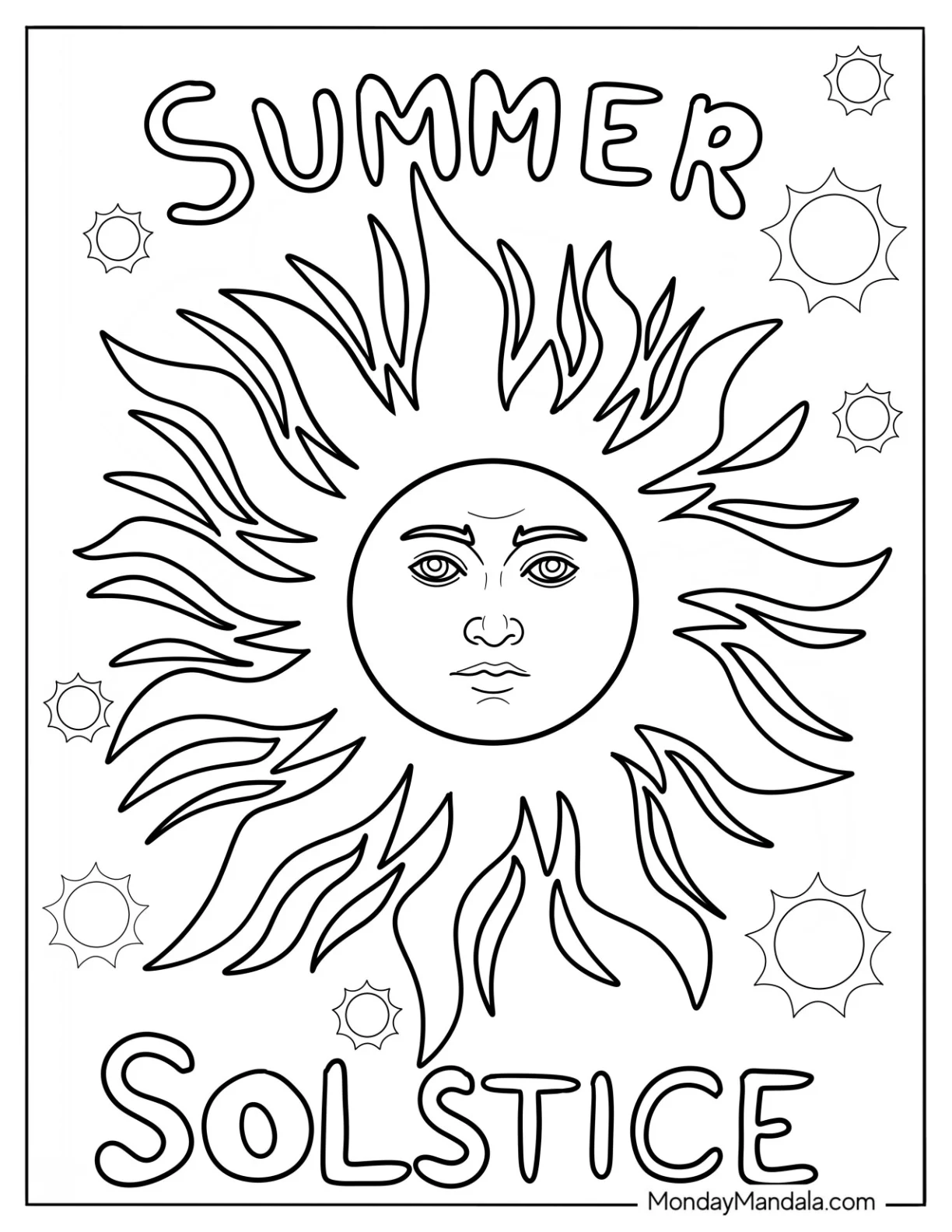 Summer Coloring Page Of Sun With Face coloring page — printable line art