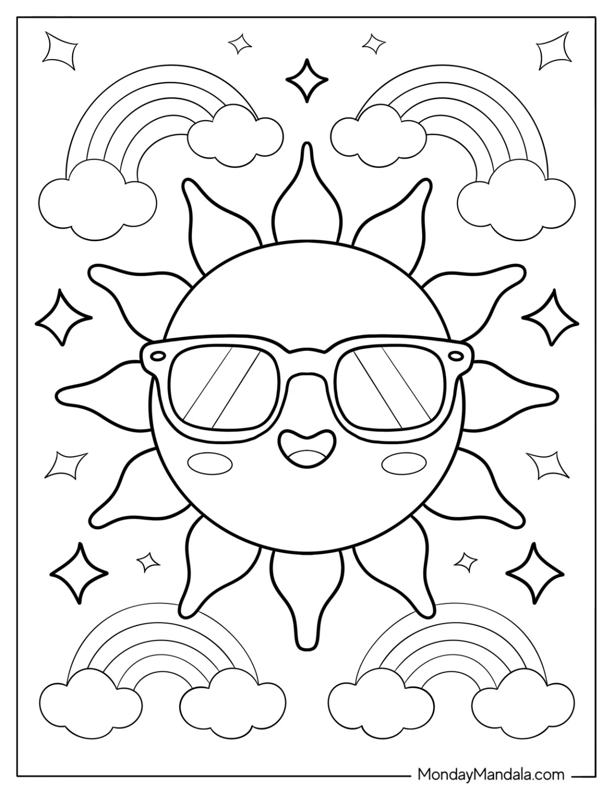Summer Coloring Page of Sun with Sunglasses, Sparkles, and Rainbows for Kids coloring page