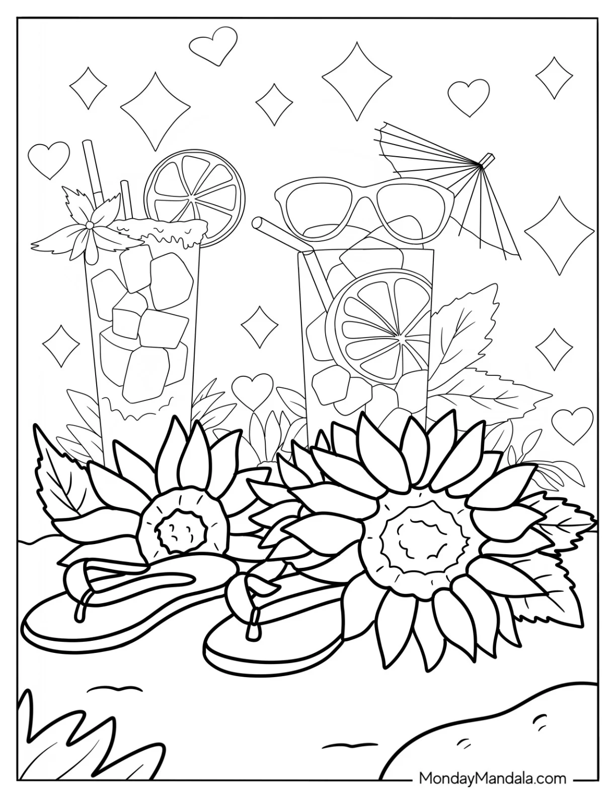 Summer Coloring Page Of Sunflower, Flip Flops, And Cocktails coloring page — printable line art