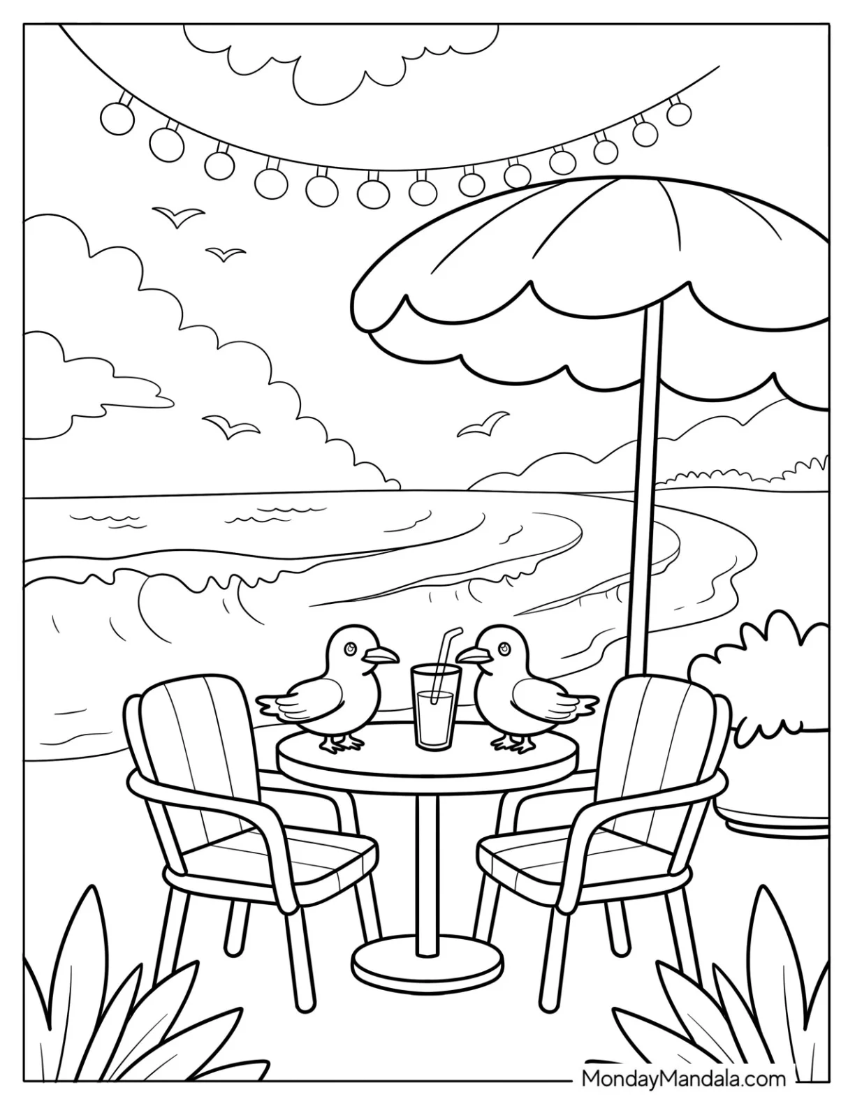 Summer Coloring Page of Two Birds on a Beach Table with Drink Between Them coloring page