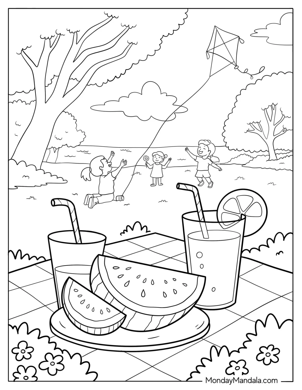 Summer Coloring Page Picnic with Watermelon Slices, Lemonade, and Kids Flying Kites coloring page