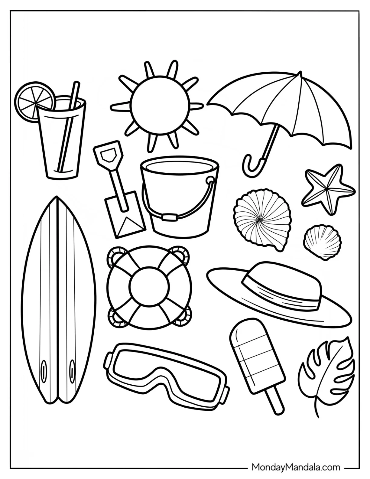 Summer Coloring Page Surf Board, Goggles, Popsicle, Hat, Seashell, Bucket, Drink, Sun, And Umbrella coloring page — printable line art