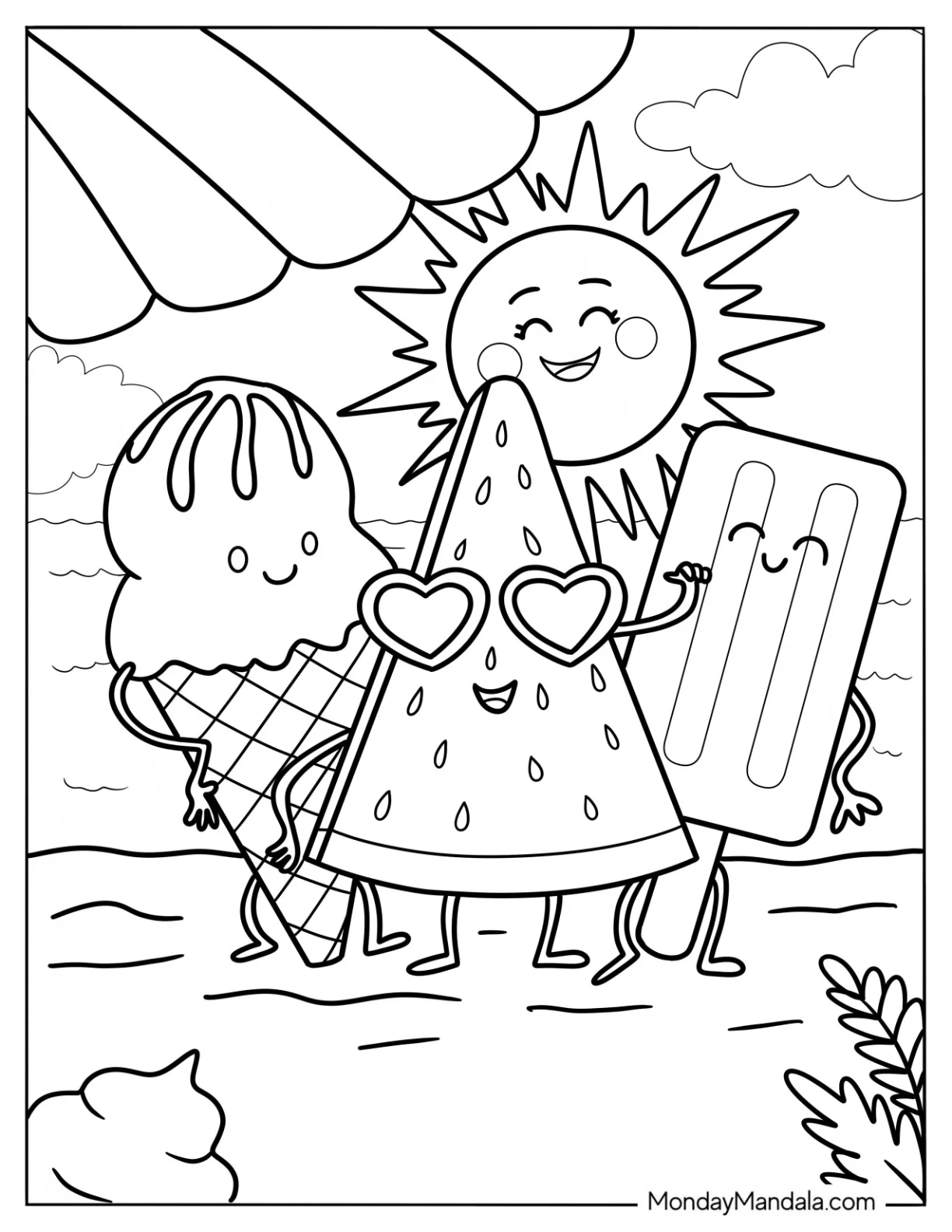 Summer Coloring Page Treats At The Beach For Kids coloring page — printable line art