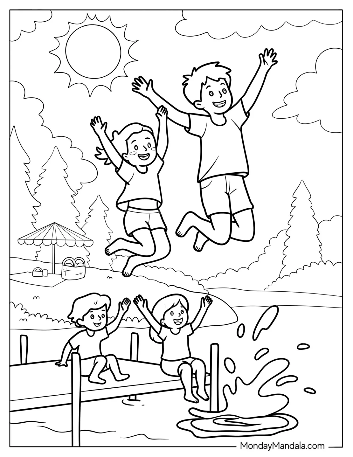 Sunny Summer Coloring Page Day with Happy Children Jumping into a Lake for Kids coloring page — printable line art