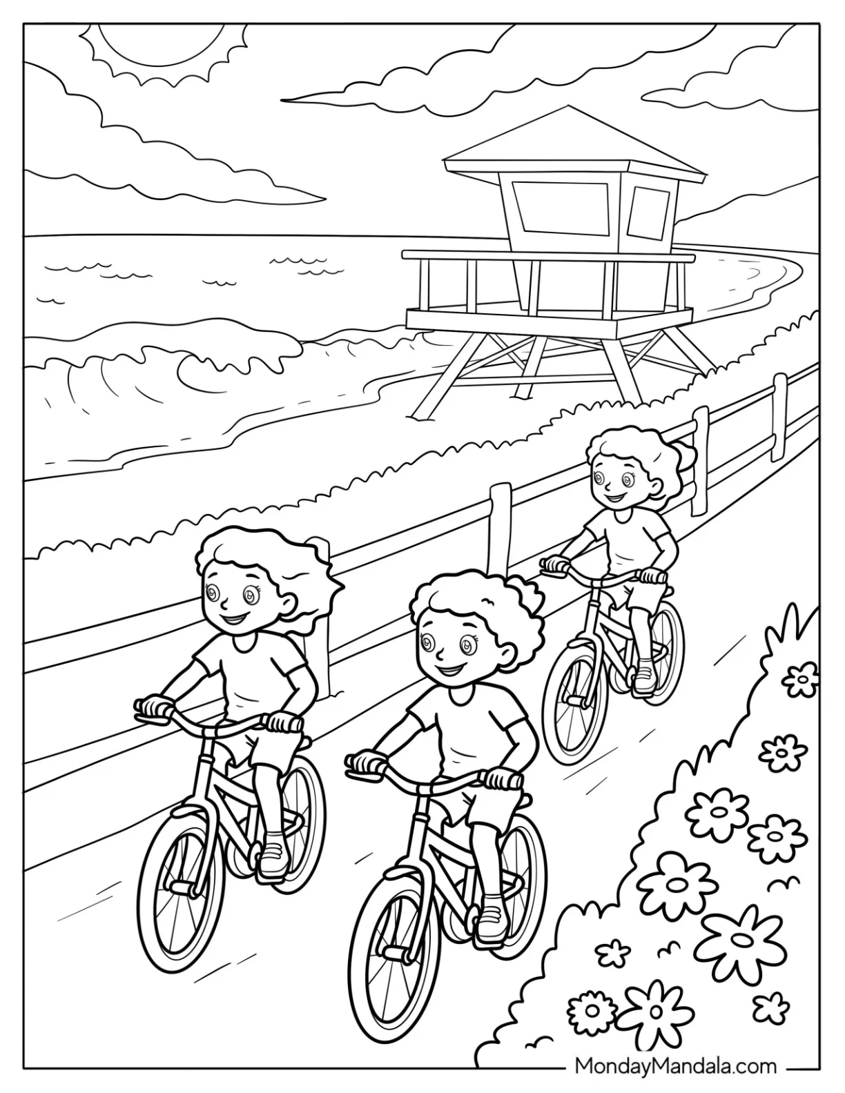 Three Girls Riding Bicycle Near the Beach in Summer Coloring Page coloring page