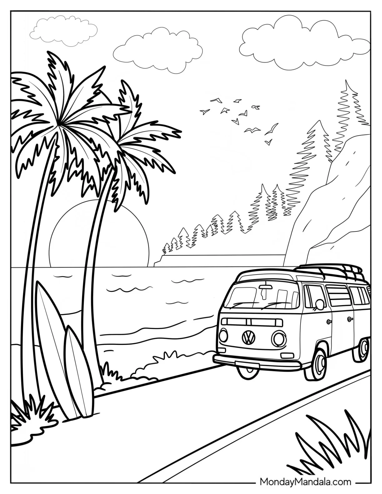 Volkswagen Driving Through A Beach In Summer Coloring Page coloring page — printable line art