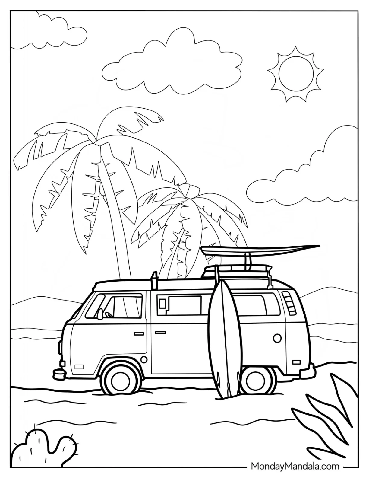 Volkswagen Van Next To A Palm Tree Summer Coloring Page coloring page
