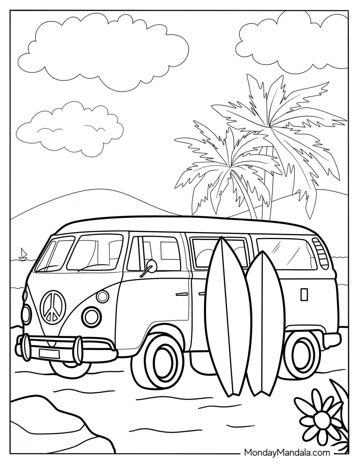 Volkswagen Van With Surfboard Summer Coloring Page coloring page — printable line art