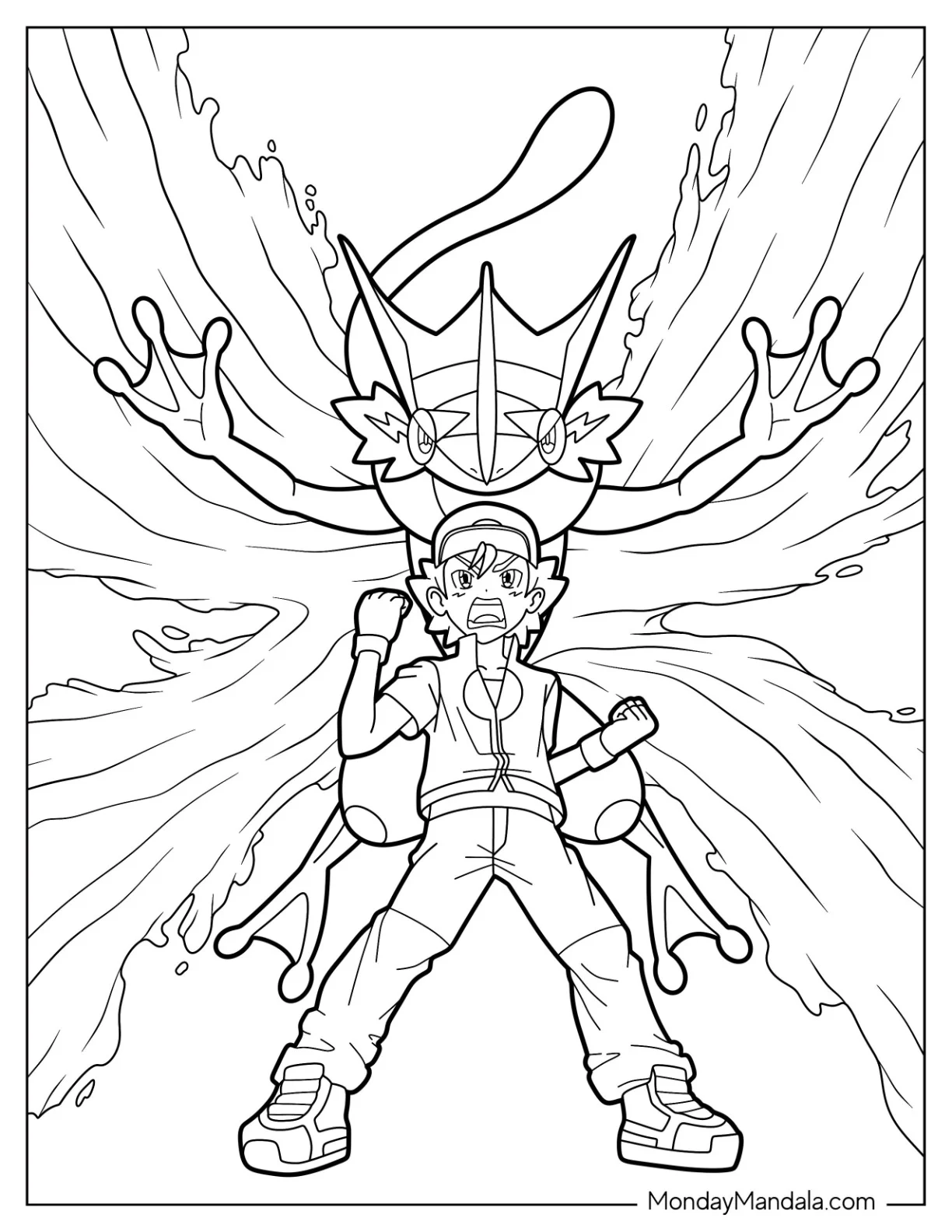 Ash Summoning Greninja Coloring Page coloring page