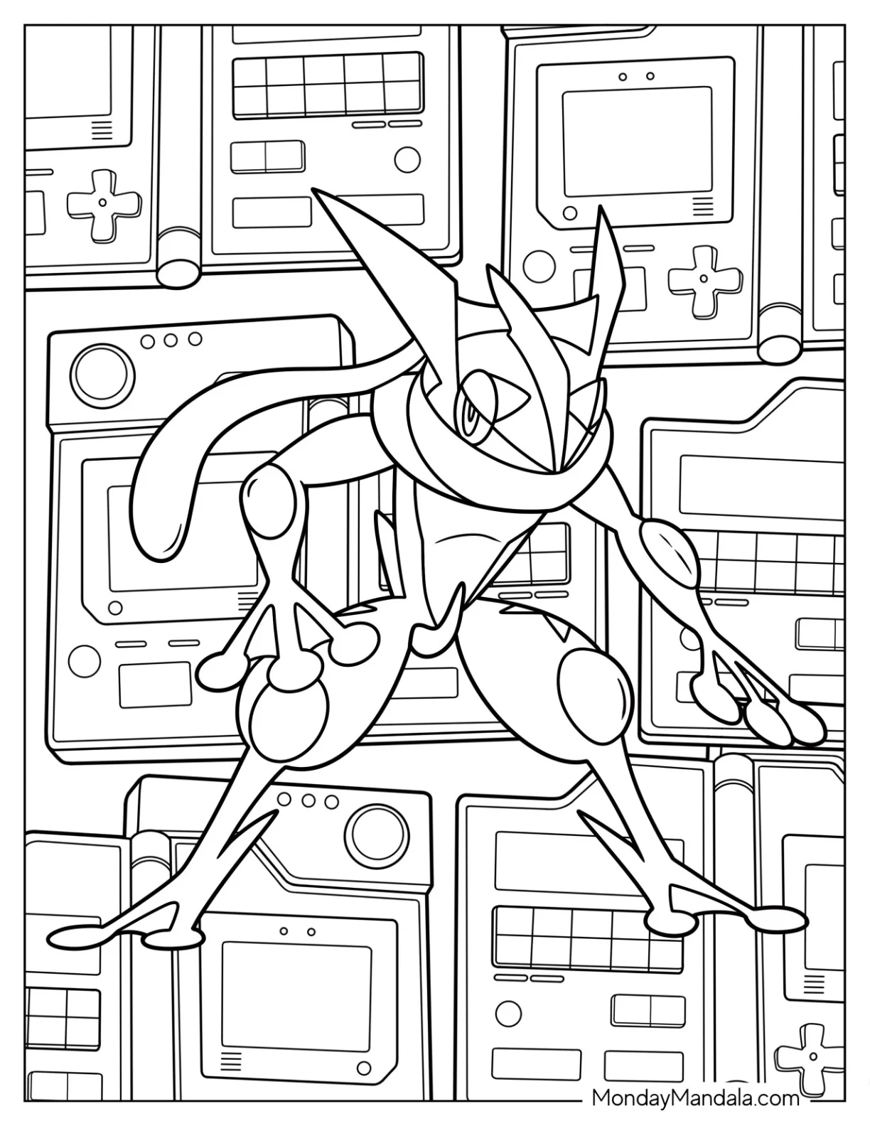 Detailed Greninja With Game Boys In Background coloring page