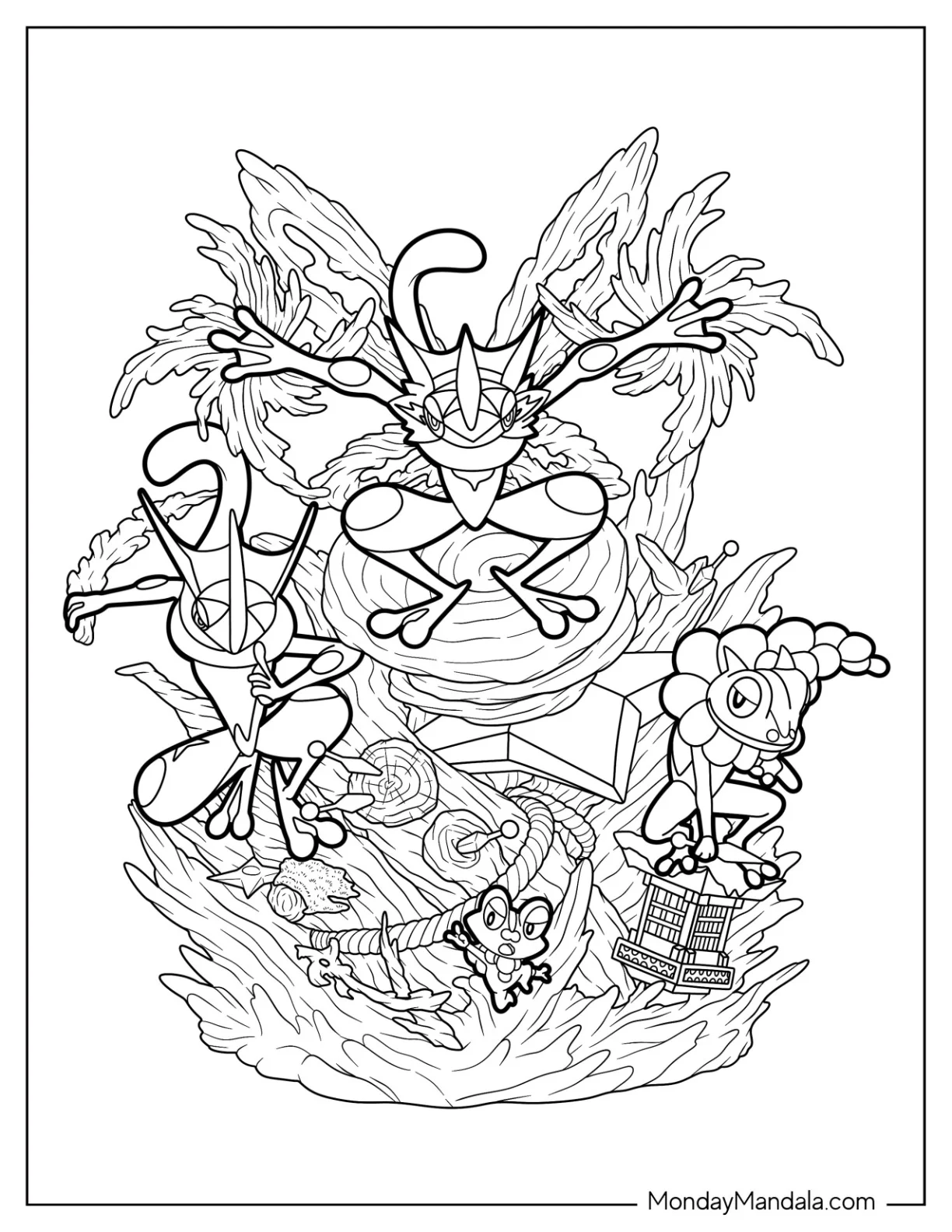 Greninja Evolution Line With Froakie, Frogadier, And Mega Greninja Coloring Page coloring page