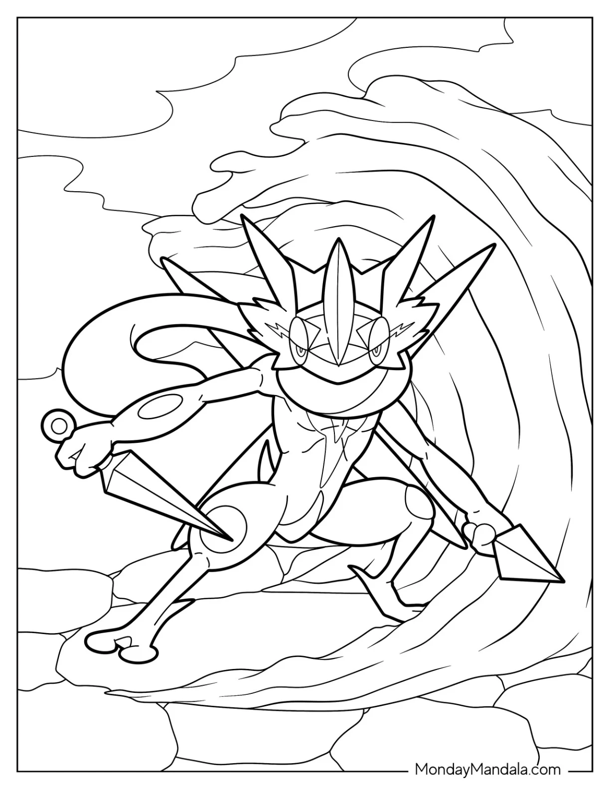 Greninja Holding Kunai Under A Wave coloring page — printable line art