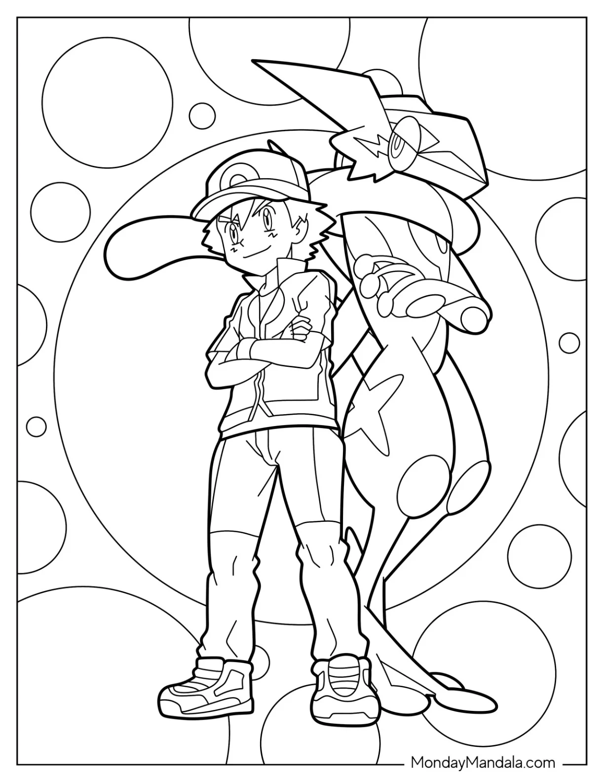 Greninja Standing Back To Back With Ash Ketchum Coloring Sheet coloring page