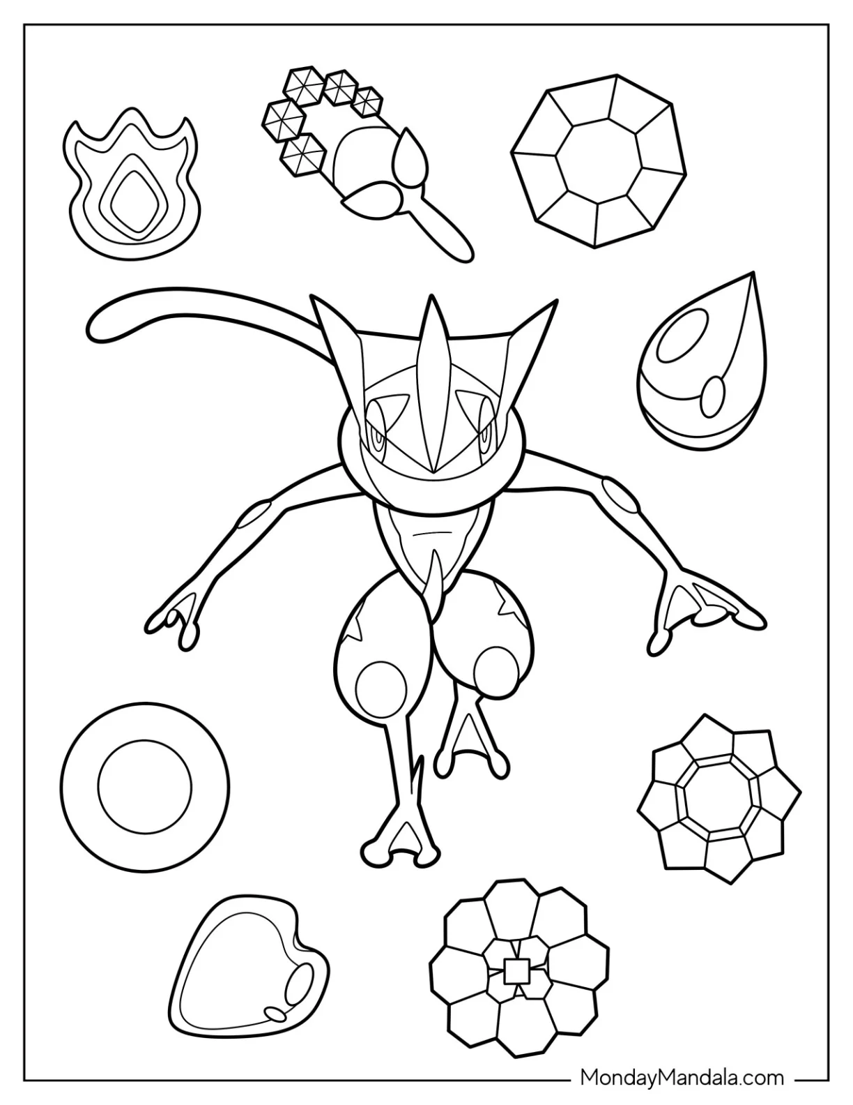 Greninja Surrounded By Pokemon Gems coloring page