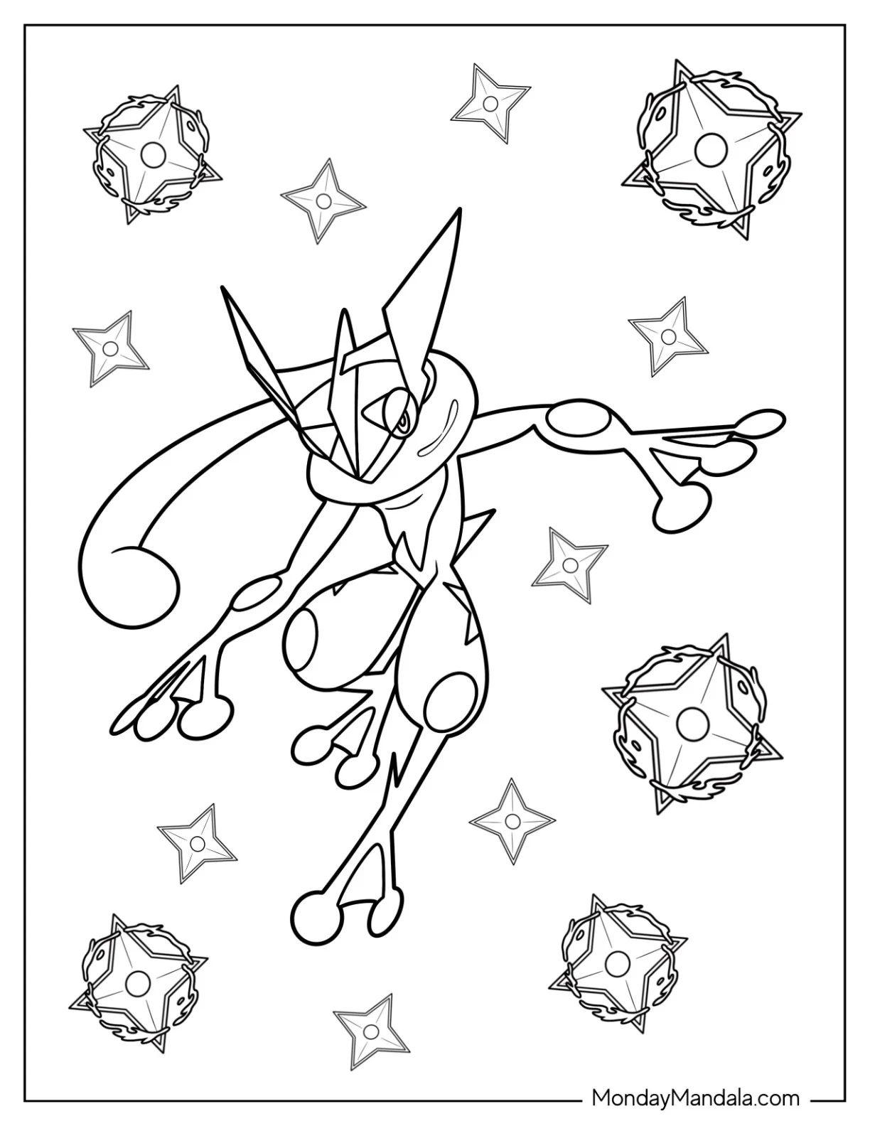 Greninja Surrounded By Shuriken Coloring Page coloring page — printable line art