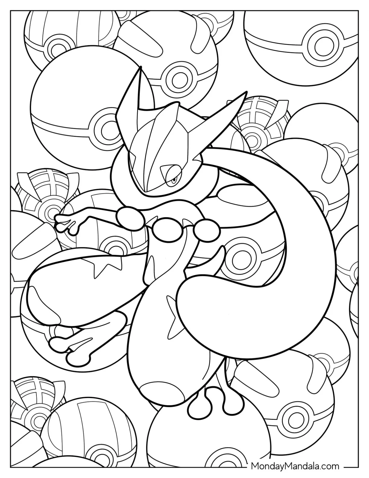 Greninja With Pokeballs In Background Coloring Page coloring page