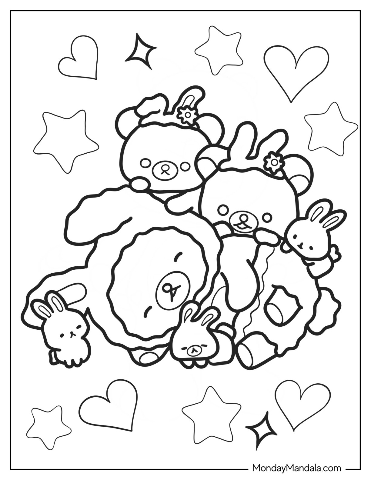 Friends Hugging Rilakkuma Coloring Page In Onesie Costume For Kids coloring page