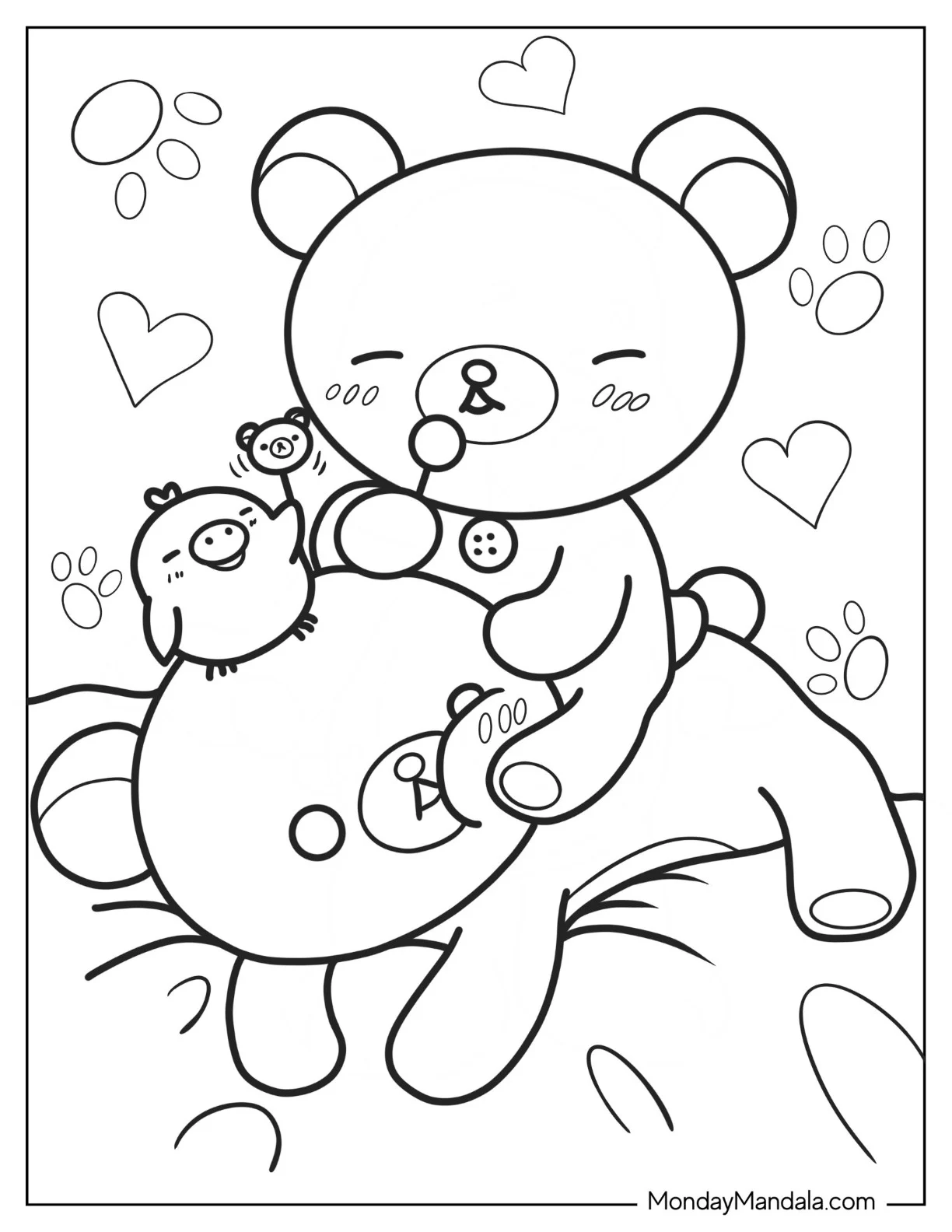 Kawaii Korilakkuma And Kiiroitori Eating Lollipop On Top Of Rilakkuma Coloring Page coloring page — printable line art