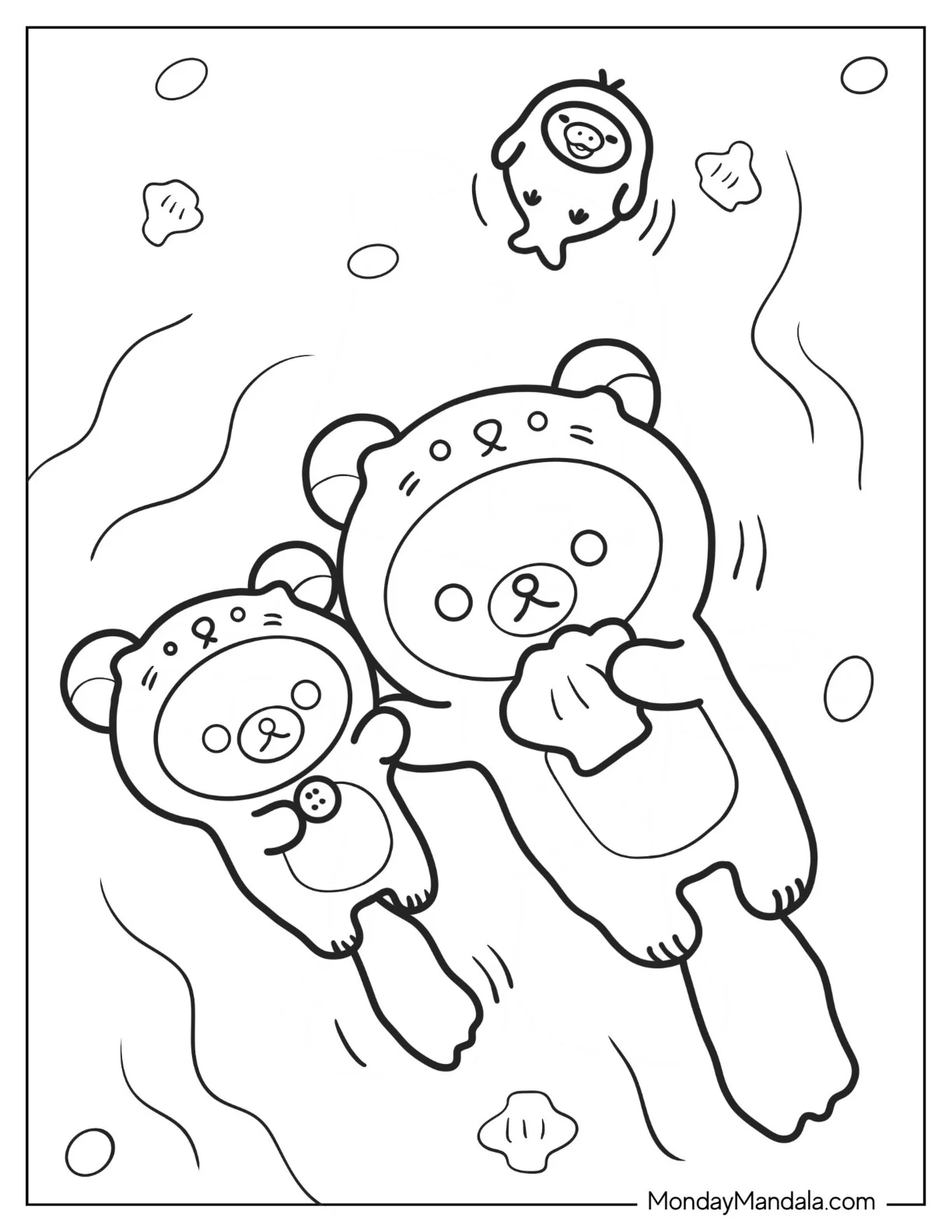 Rilakkuma Coloring Page And Korilakkuma In Otter Onesies Floating On The River With Kiiroitori coloring page