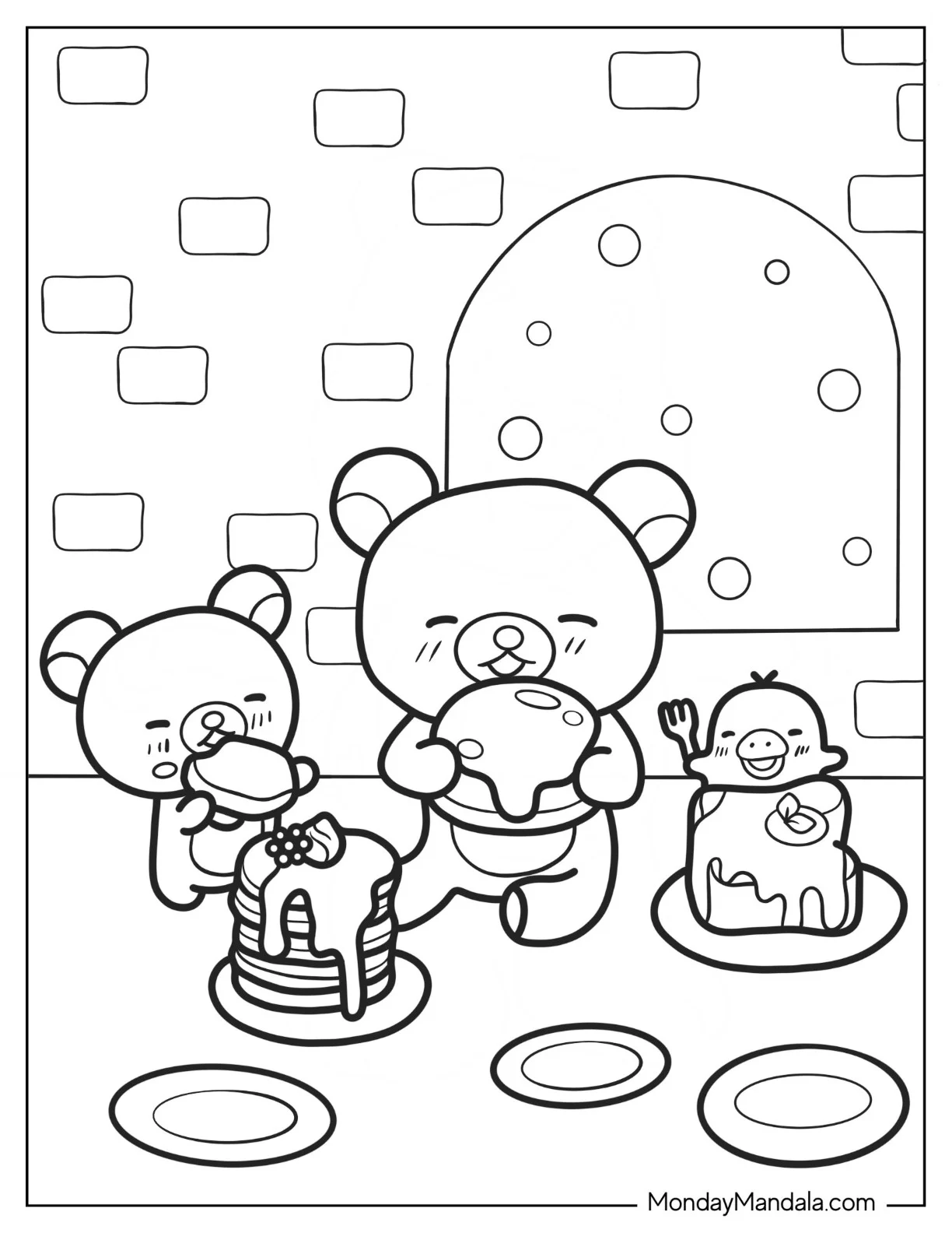 Rilakkuma Coloring Page Eating Dessert With Kiiroitori And Korilakkuma For Kids coloring page