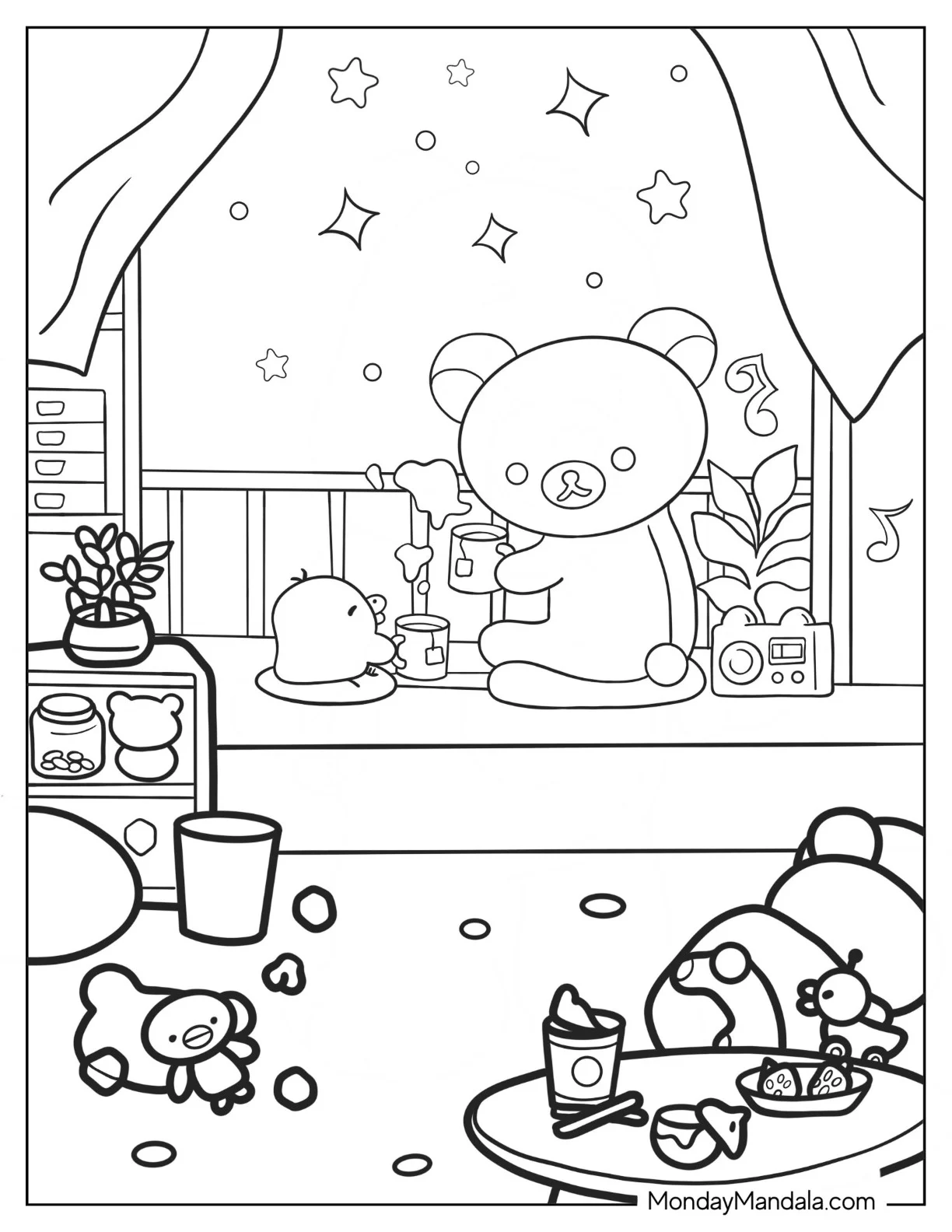 Rilakkuma Coloring Page Having Tea With Kiiroitori In The Balcony coloring page
