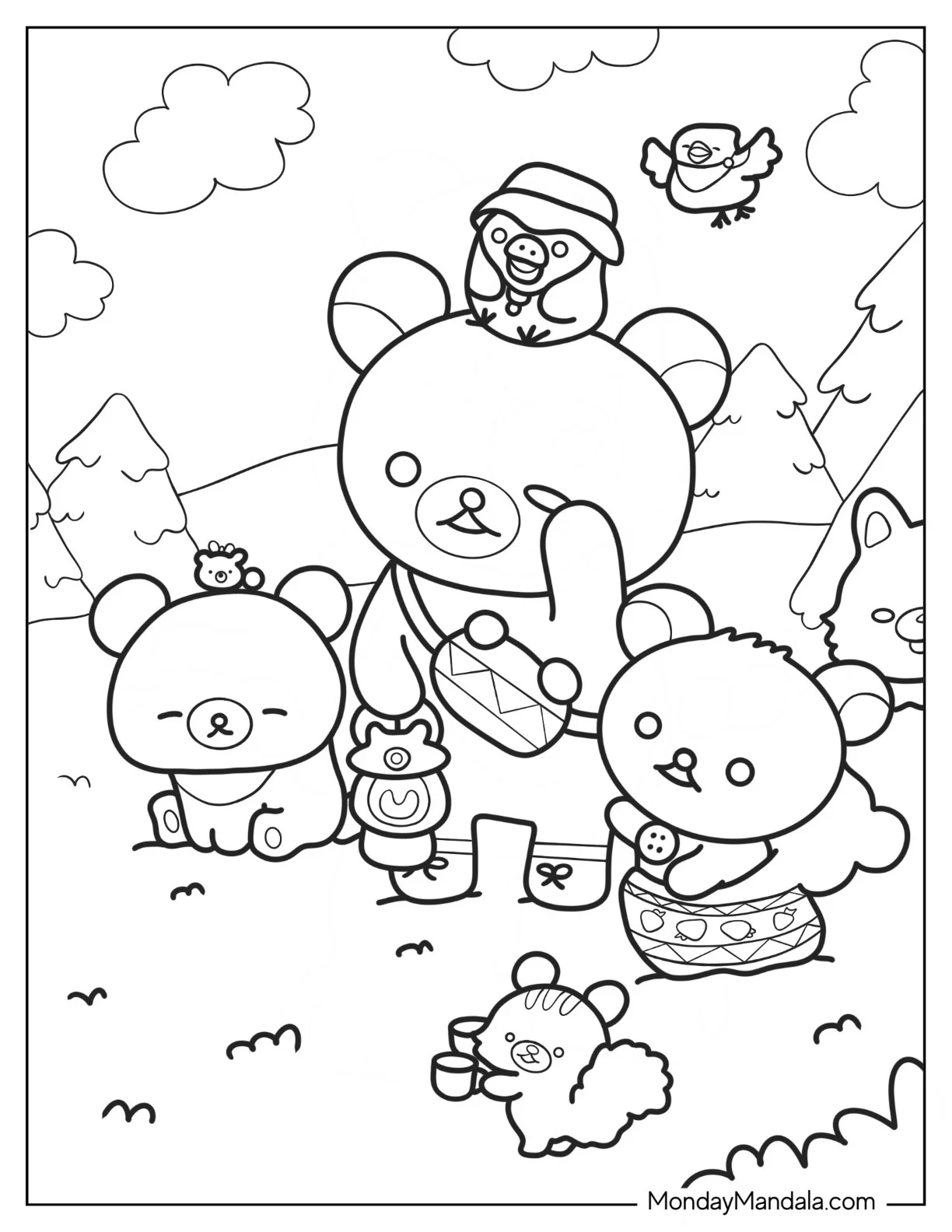 Rilakkuma Coloring Page Hiking With Kiiroitoiri, Korilakkuma, And Chairoikoguma coloring page