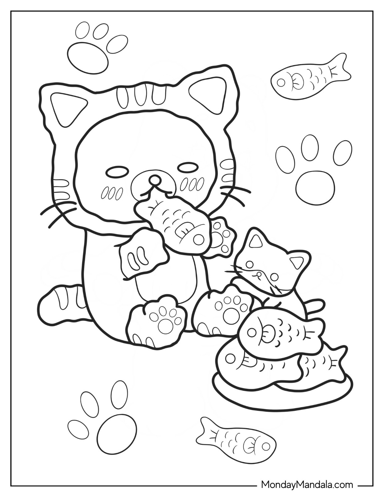 Rilakkuma Coloring Page Of Cat Costume Eating Fish Cakes For Kids coloring page