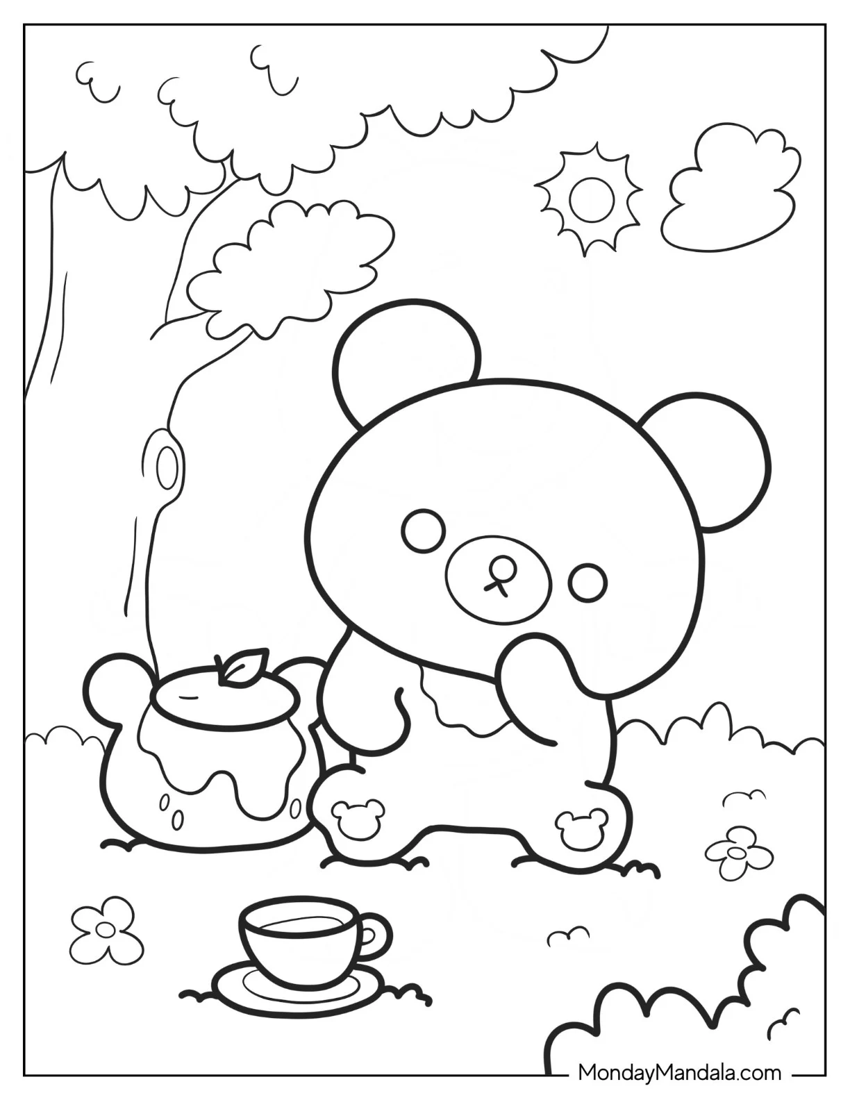 Rilakkuma Coloring Page Of Easy Chairoikoguma Having Tea In The Garden For Preschoolers coloring page — printable line art