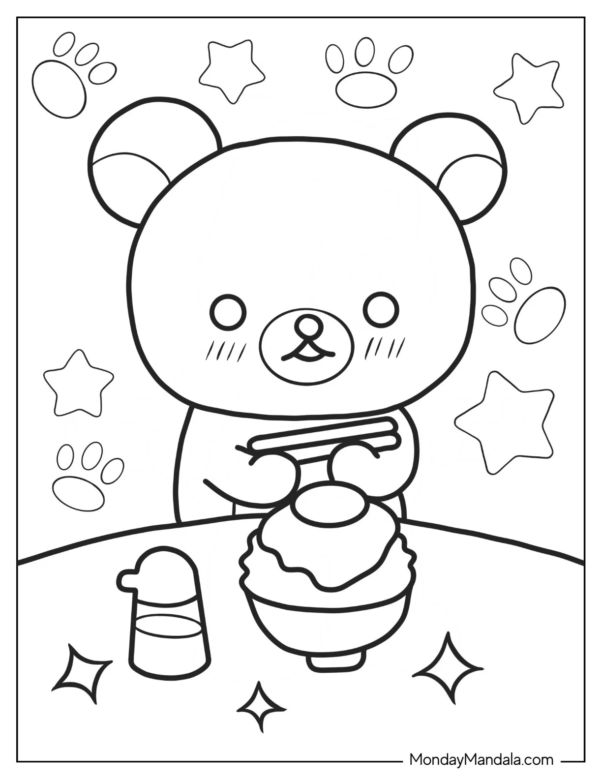Rilakkuma Coloring Page Of Kawaii Chairoikoguma Eating Rice Bowl For Kids coloring page