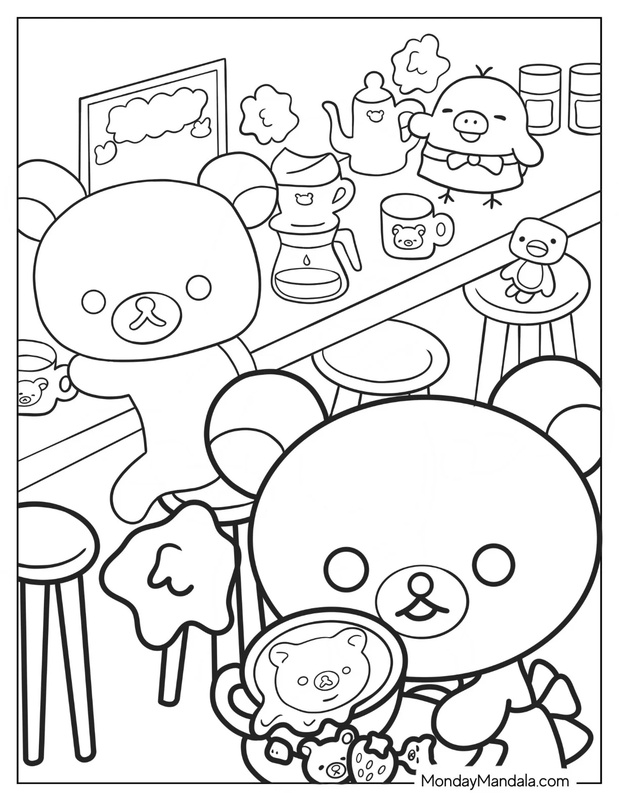 Rilakkuma Coloring Page Of Kiiroitori, And Rilakkuma In A Cafe coloring page