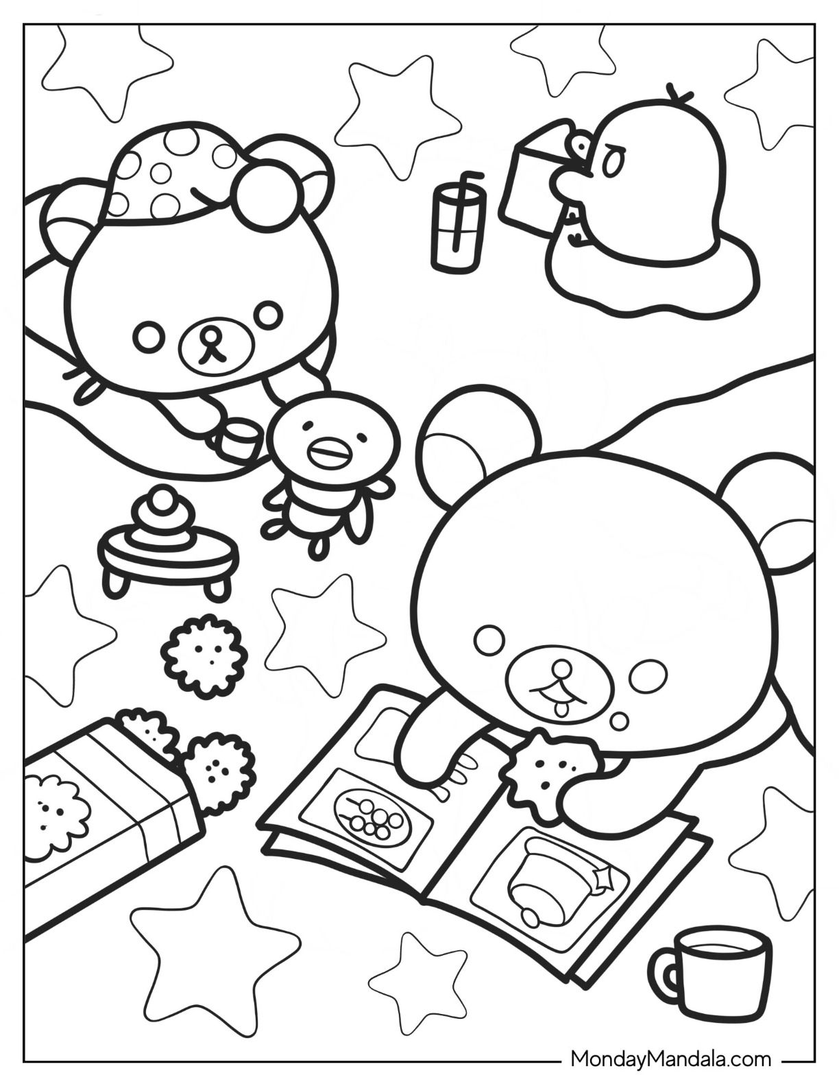Rilakkuma Coloring Page Of Korilakkuma, And Kiiroitori Eating While Reading Magazine For Kids coloring page