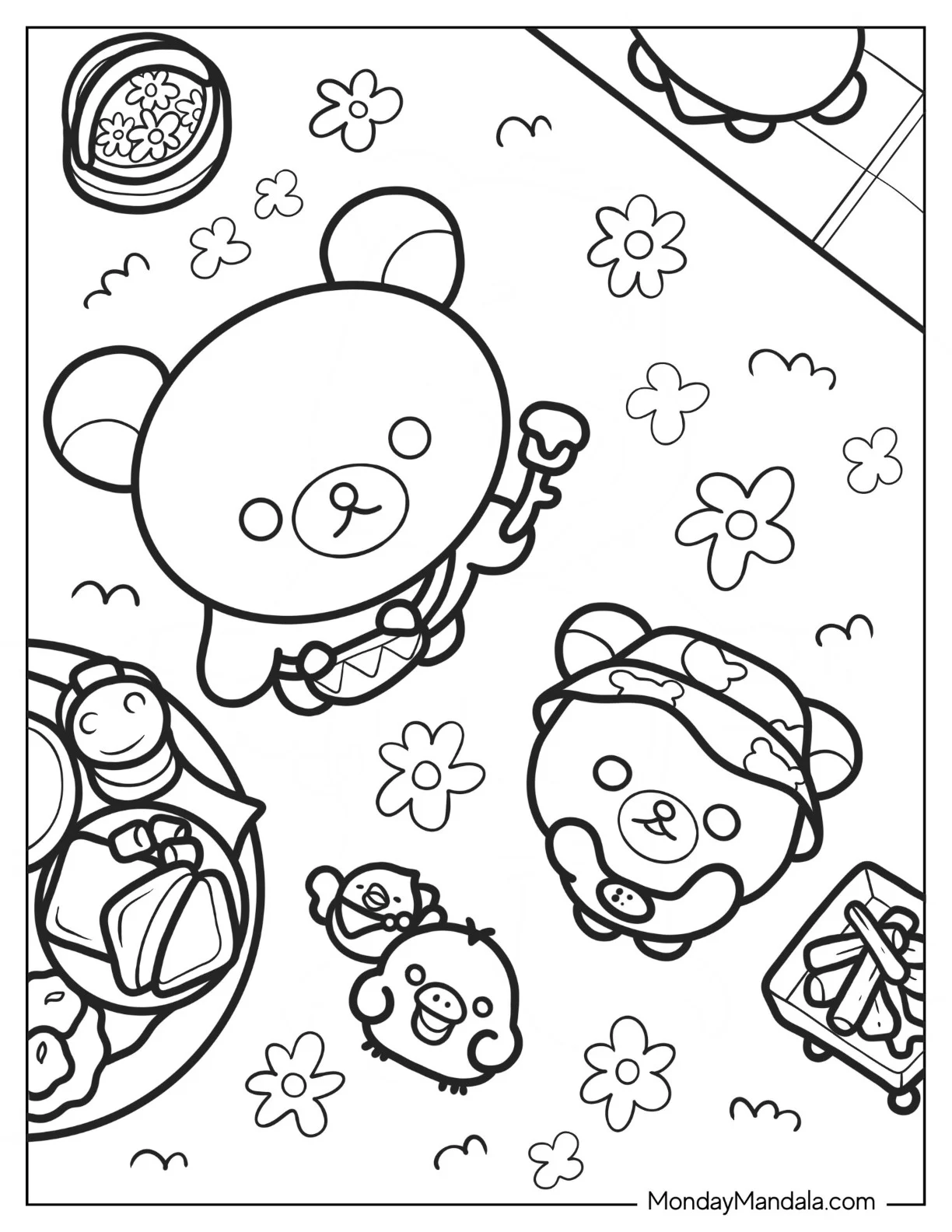 Rilakkuma Coloring Page Of Korilakkuma, And Kiiroitori Having A Picnic coloring page
