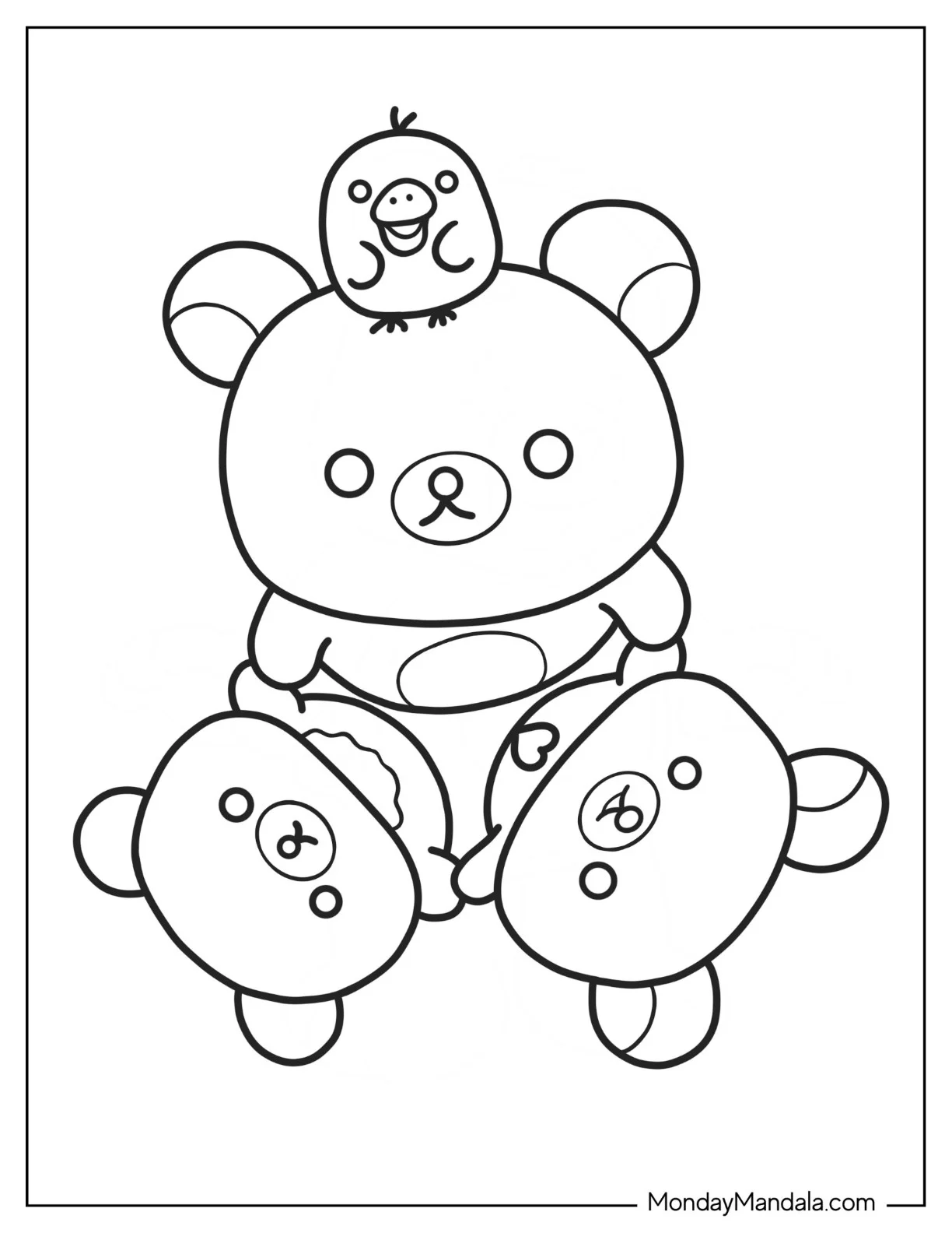 Simple Rilakkuma Coloring Page Outline With Kiiroitori, Korilakkuma, And Chairoikoguma For Preschoolers coloring page