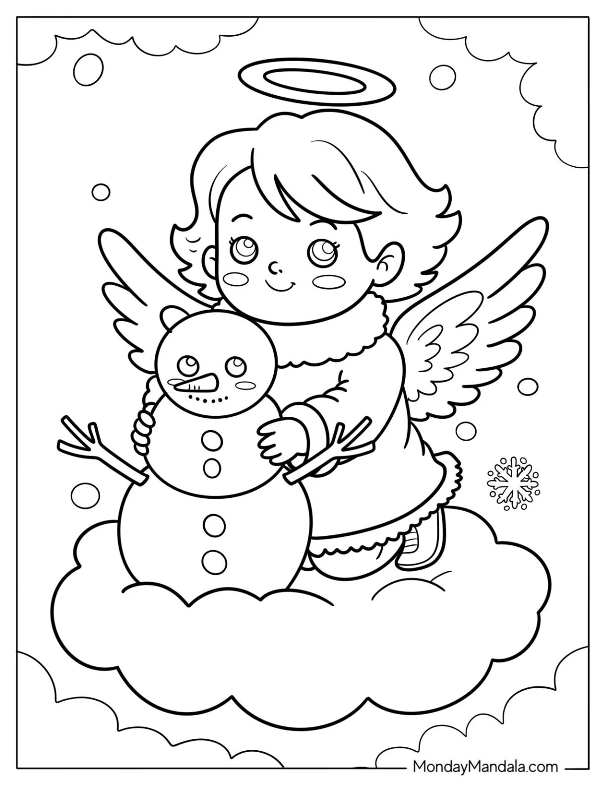 Angel Building Snowman On Cloud With Snowflakes Coloring Page For Kids coloring page — printable line art