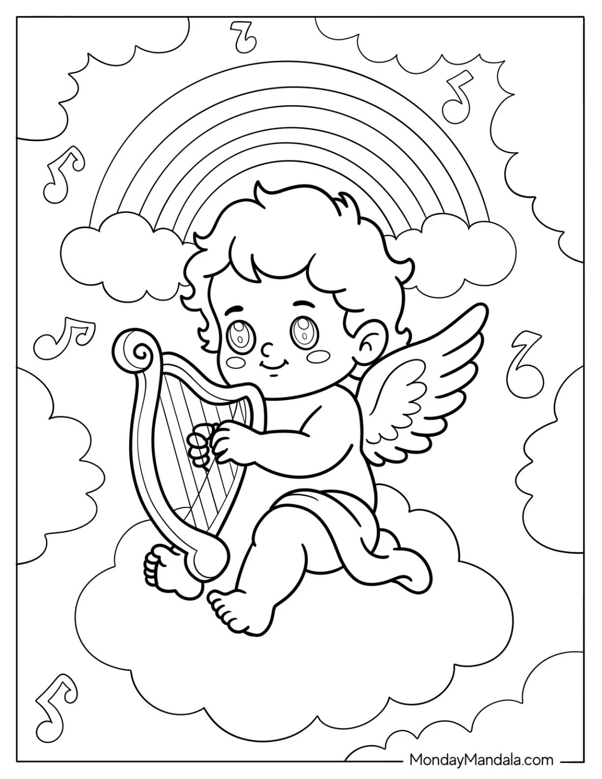 Baby Angel Playing Harp On Cloud With Rainbow And Music Notes Coloring Page For Preschoolers coloring page