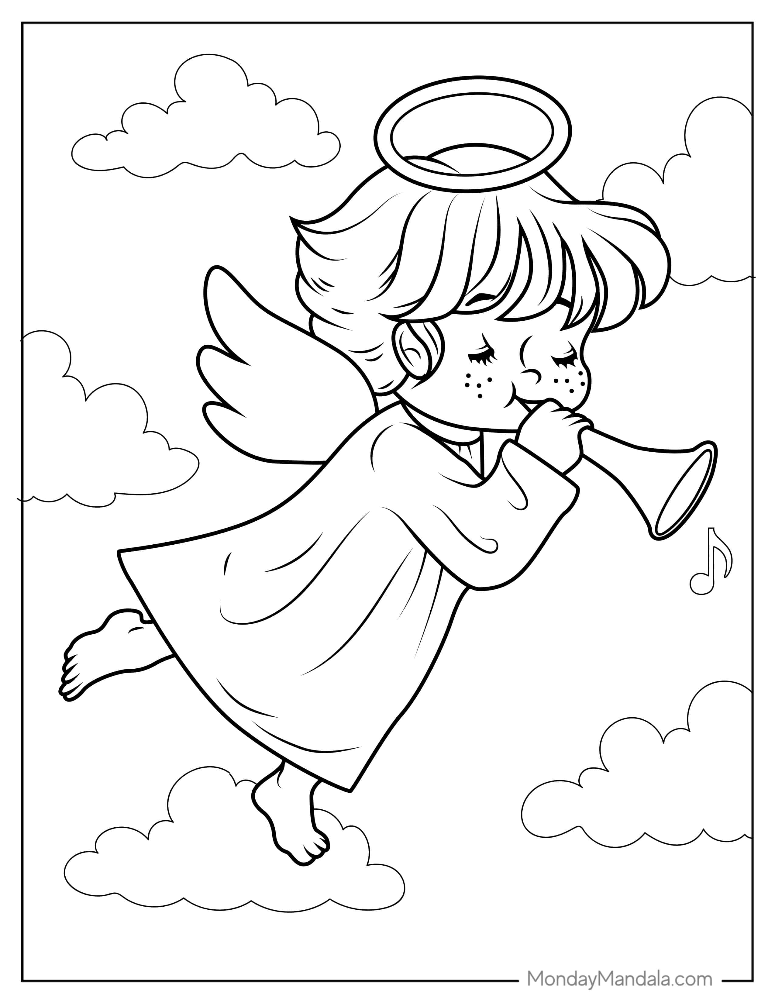 Boy Angel In White Robes Playing Trumpet coloring page