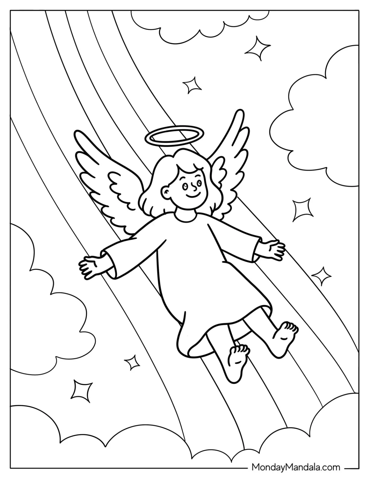 Cartoon Angel With Halo Sliding Down Rainbow Coloring Page for Kids coloring page