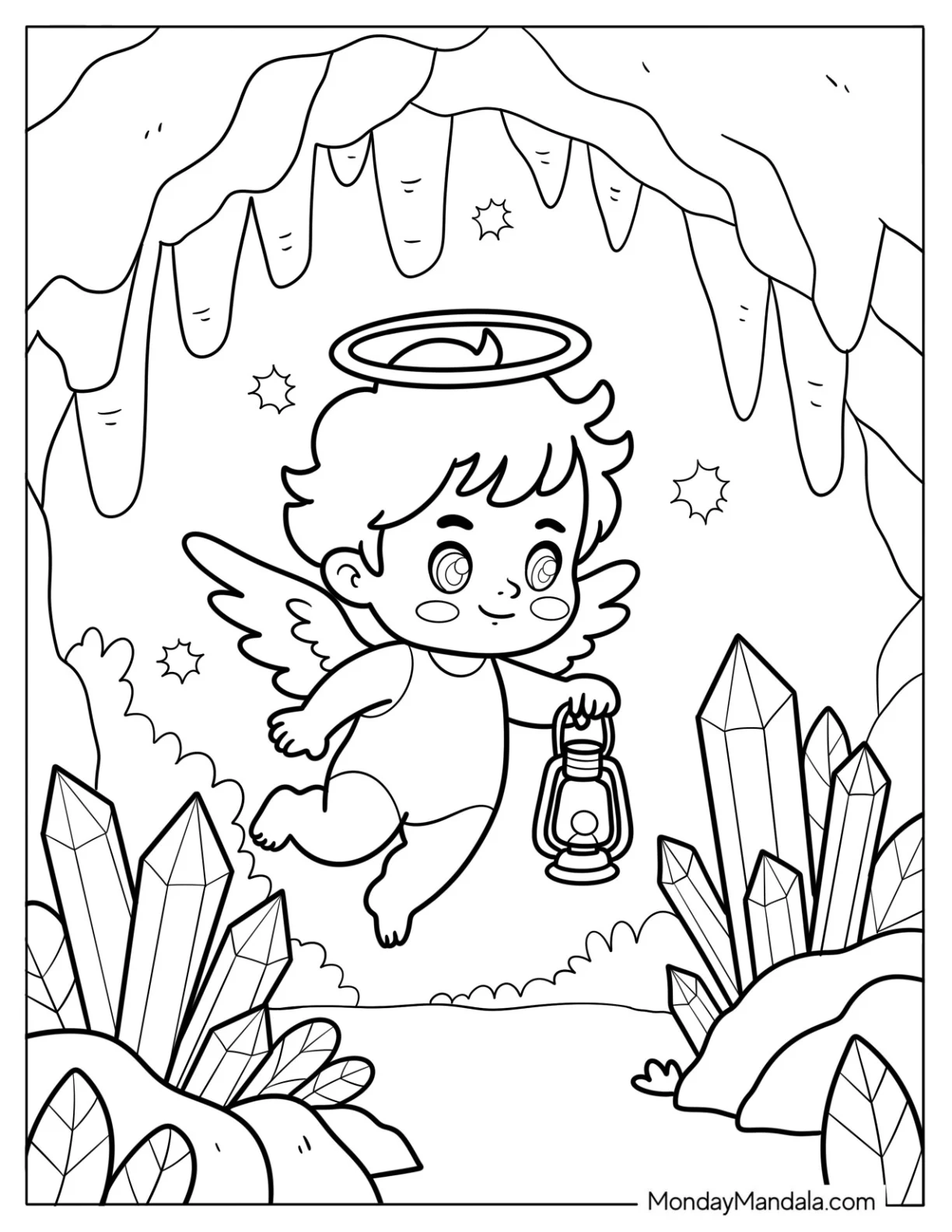 Curious Baby Angel Exploring Crystal Cave With Lantern Coloring Page For Preschoolers coloring page — printable line art