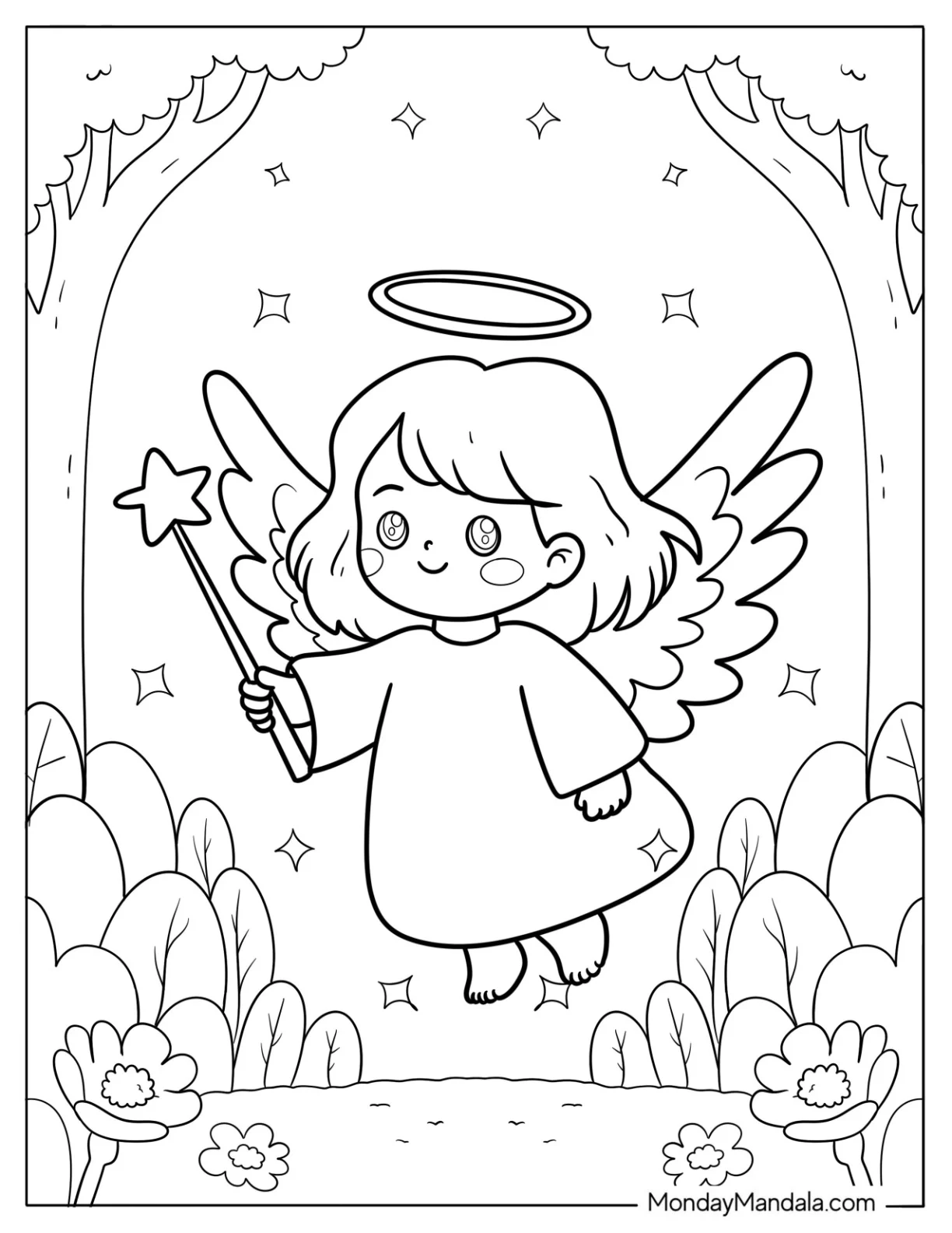 Cute Angel With Wand Floating In Magical Forest Coloring Page For Preschoolers coloring page — printable line art