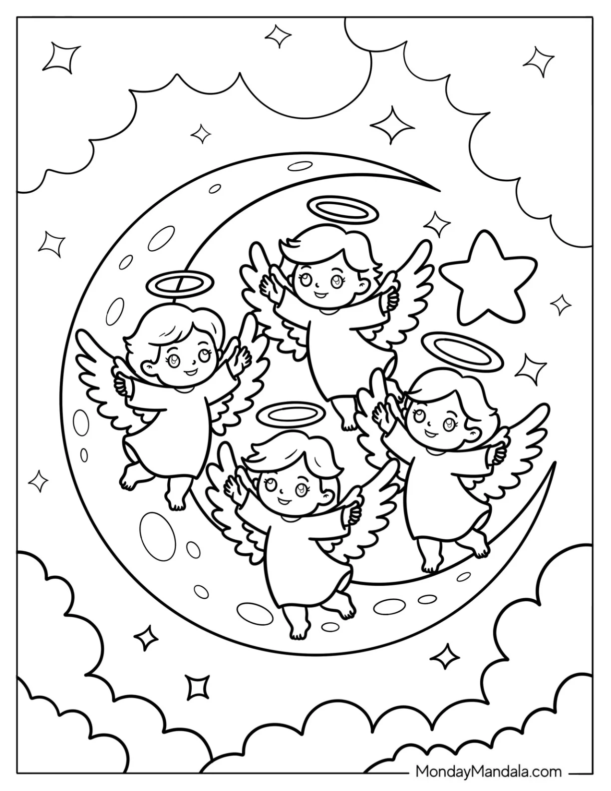 Dancing Angels On Crescent Moon With Stars And Clouds Coloring Page For Kids coloring page