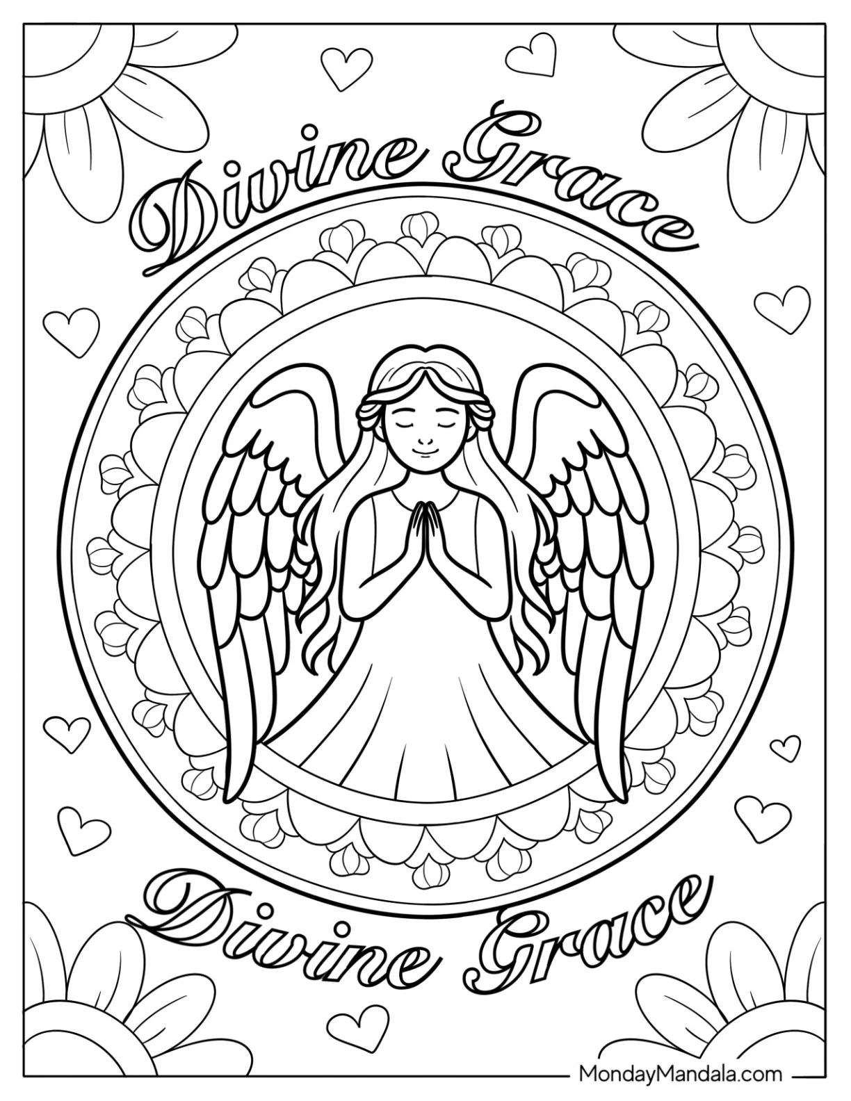 Divine Grace Angel With Wings In Floral Mandala Frame coloring page — printable line art