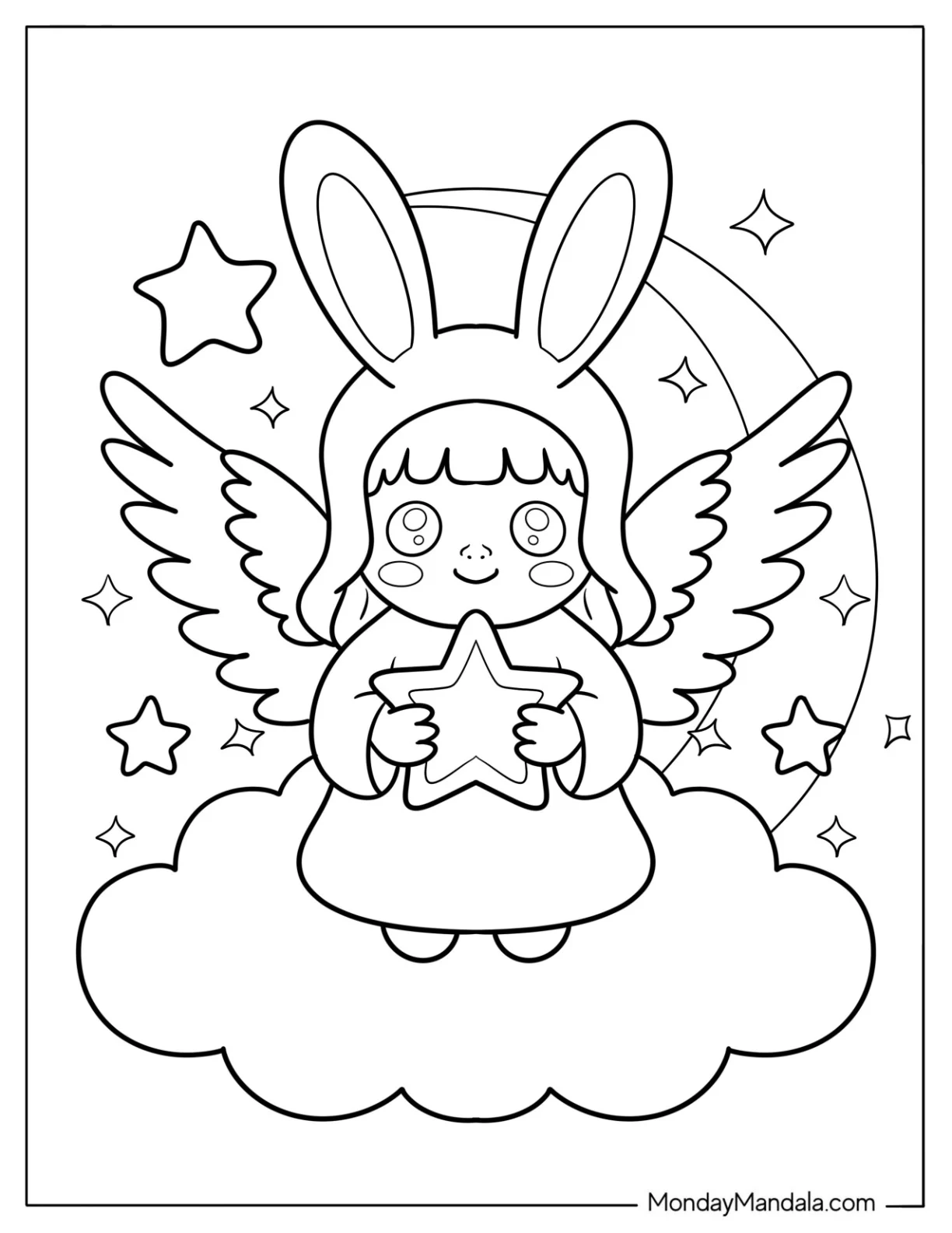 Fantasy Angel With Bunny Ears And Star In Cloudy Sky Coloring Sheet For Preschoolers coloring page — printable line art
