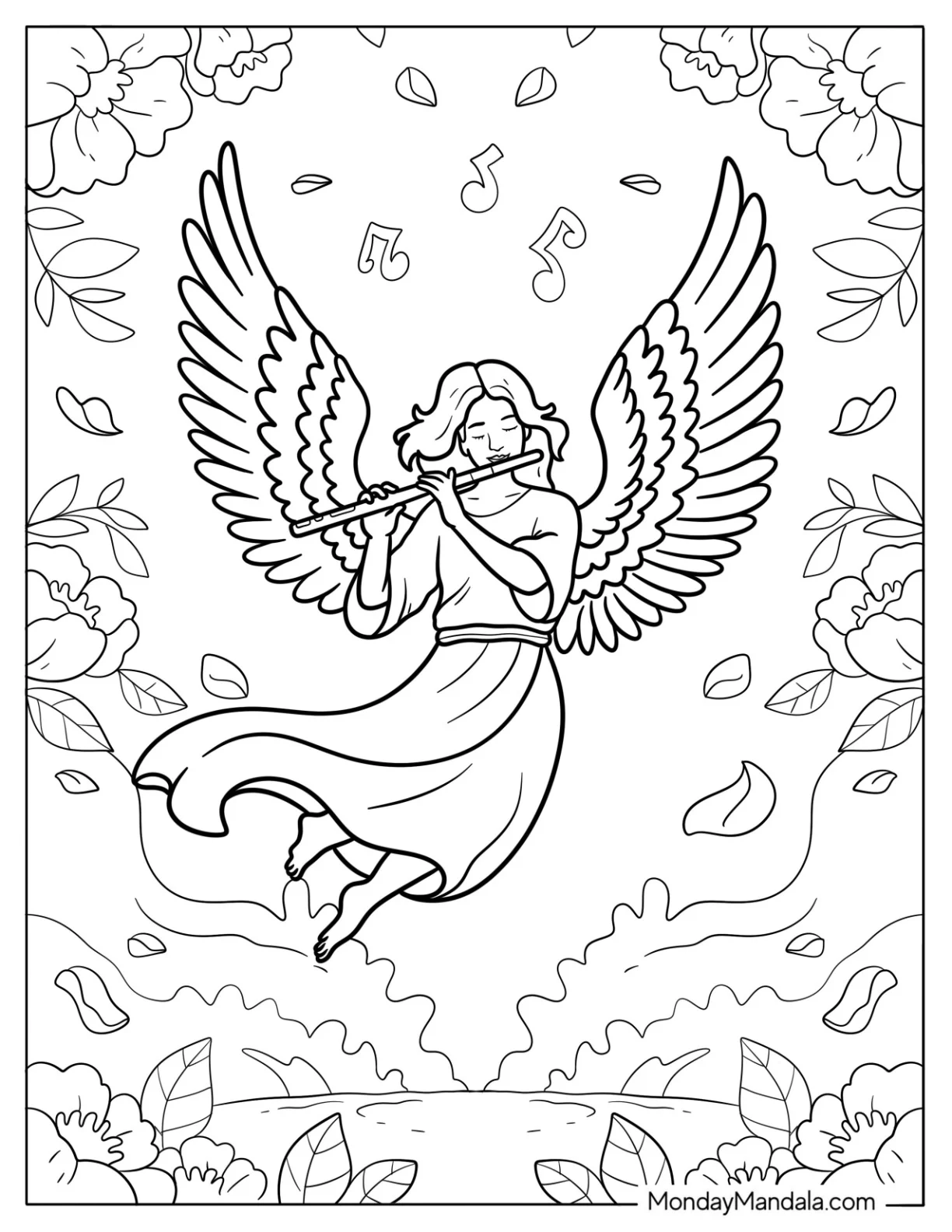 Floating Angel Playing the Flute in a Garden Coloring Page coloring page — printable line art