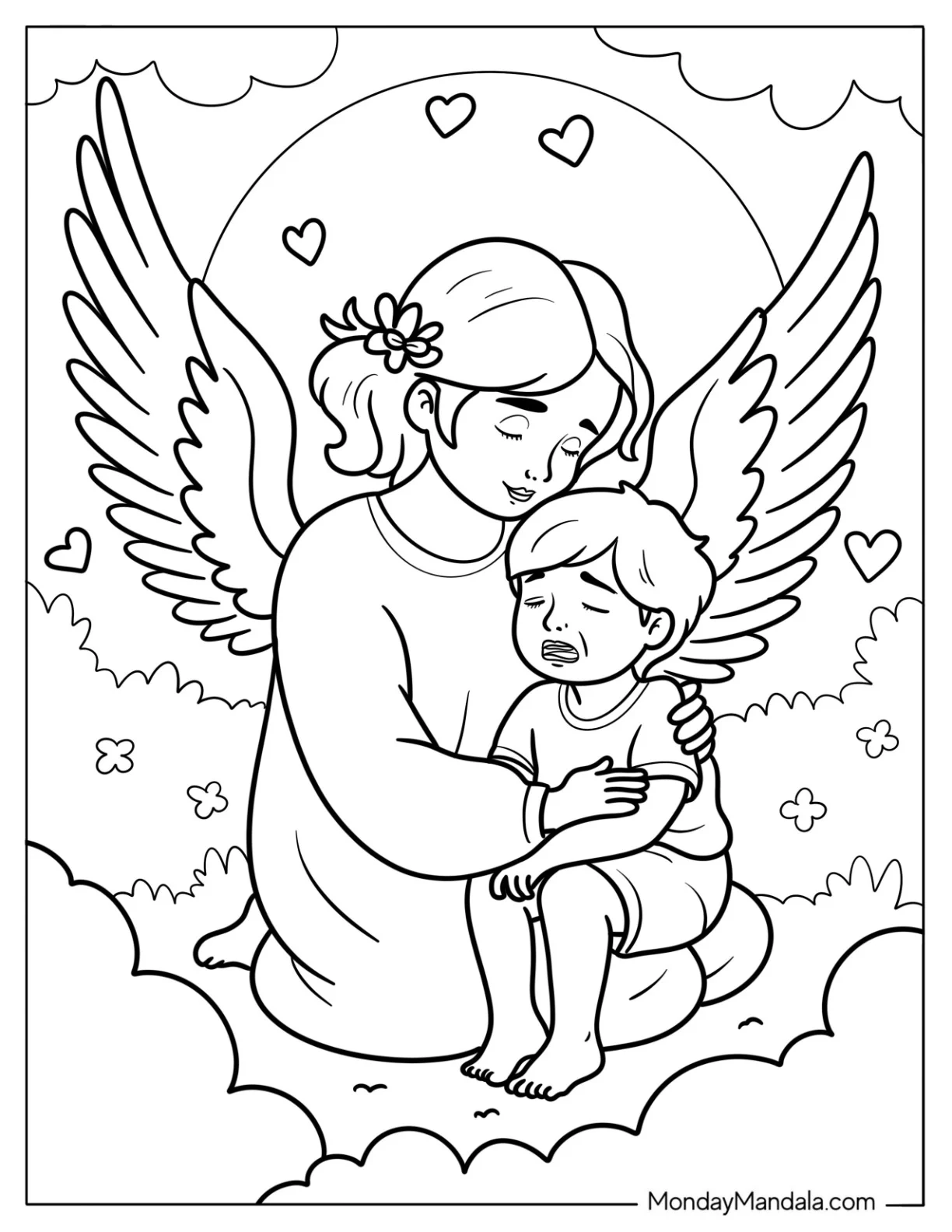 Guardian Angel Comforting Crying Child With Wings And Heart Scene Coloring Page coloring page — printable line art