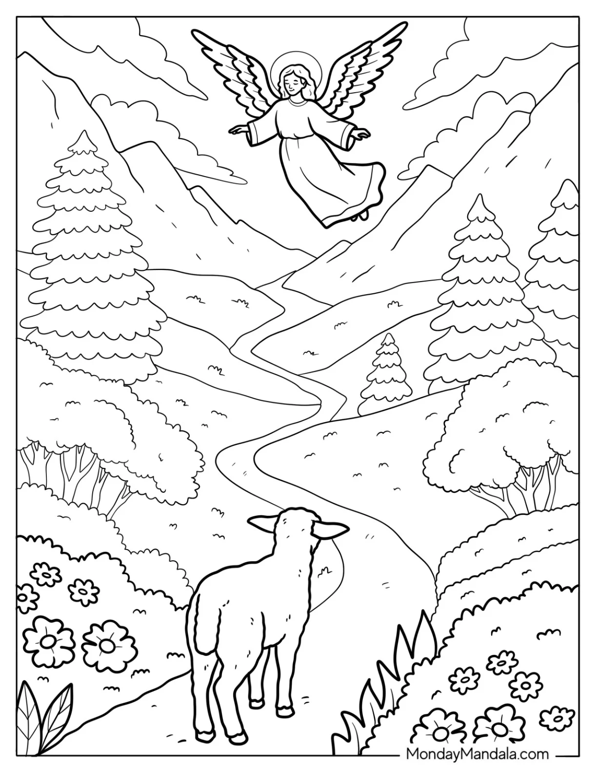 Guardian Angel Watching Over Lamb In Peaceful Mountain Valley Coloring Page coloring page — printable line art