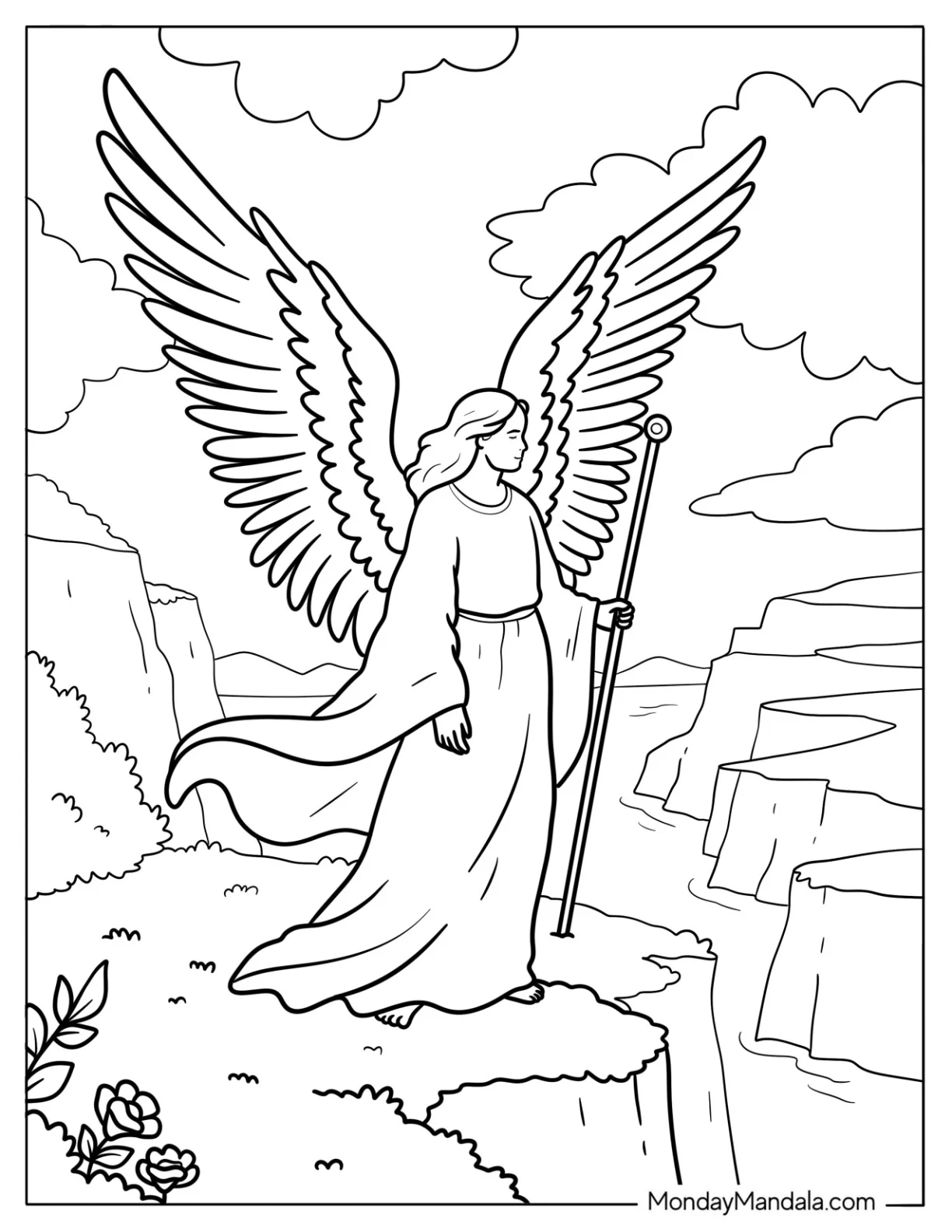 Guardian Angel With Staff Overlooking Canyon Coloring Page coloring page
